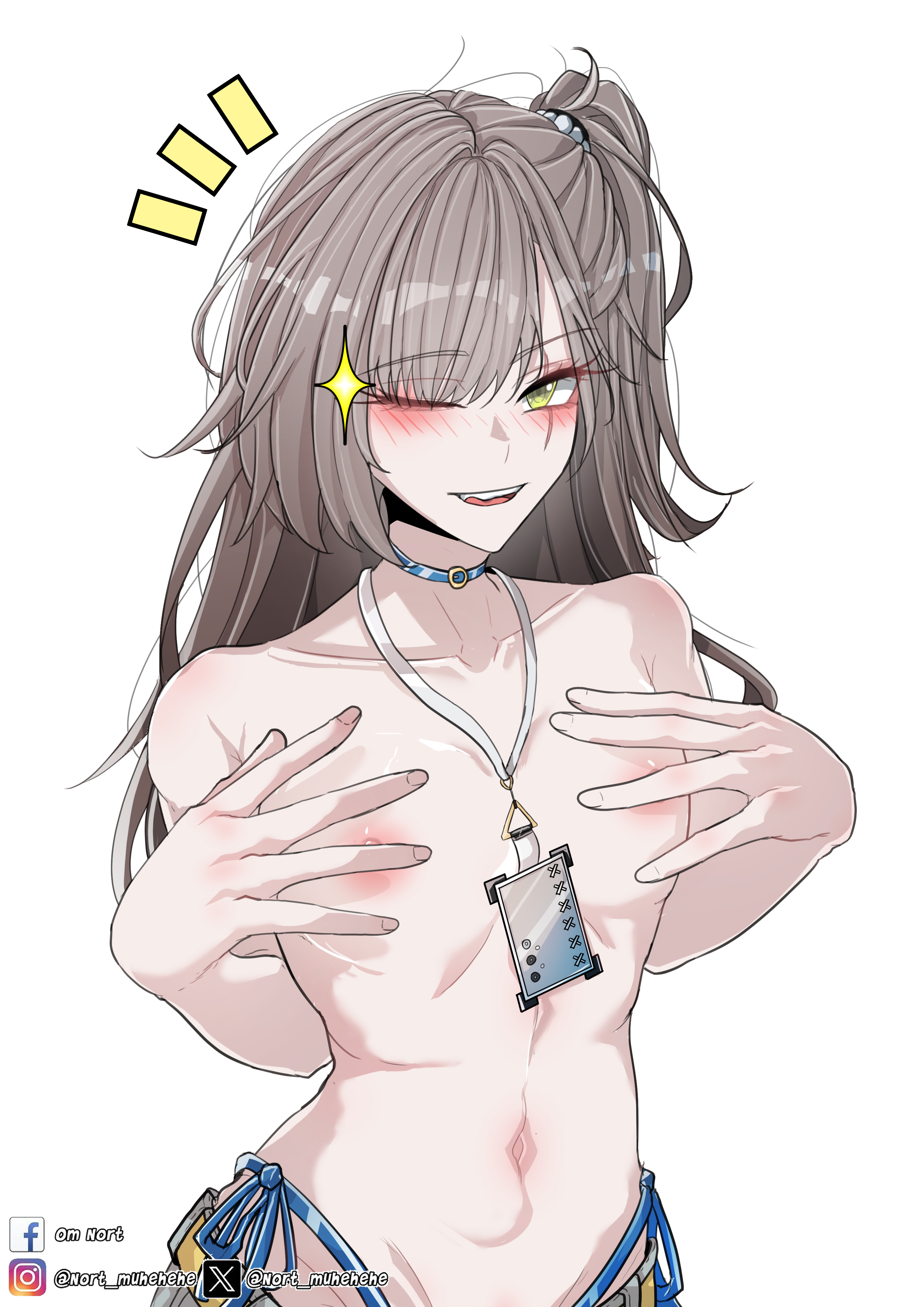 1girls, areolae, artist name, blush, breasts, brown hair, covering, covering breasts, female, female only, flat chest, girls' frontline, girls' frontline 2: exilium, leva (girls' frontline 2), leva (sultry tempo) (girls' frontline 2), long hair, looking at viewer, navel, nipple slip, nipples, nort muhehehe, one eye closed, panties, scar, scar on face, shorts, small breasts, topless, true flat chest, ump45 (girls' frontline), upper body, yellow eyes