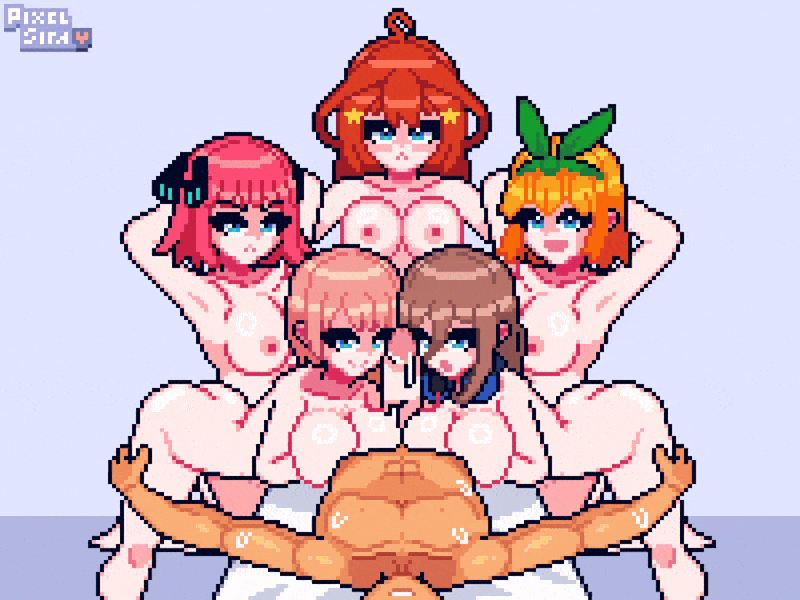 1boy, 5girls, animated, armpits, big breasts, blue eyes, bouncing breasts, breast press, breasts, brown hair, female, go-toubun no hanayome, handjob, looking at viewer, multiple girls, nakano ichika, nakano itsuki, nakano miku, nakano nino, nakano yotsuba, naked, nipples, nude, orange hair, pink hair, pixel animation, pixel art, pixelsira, red hair