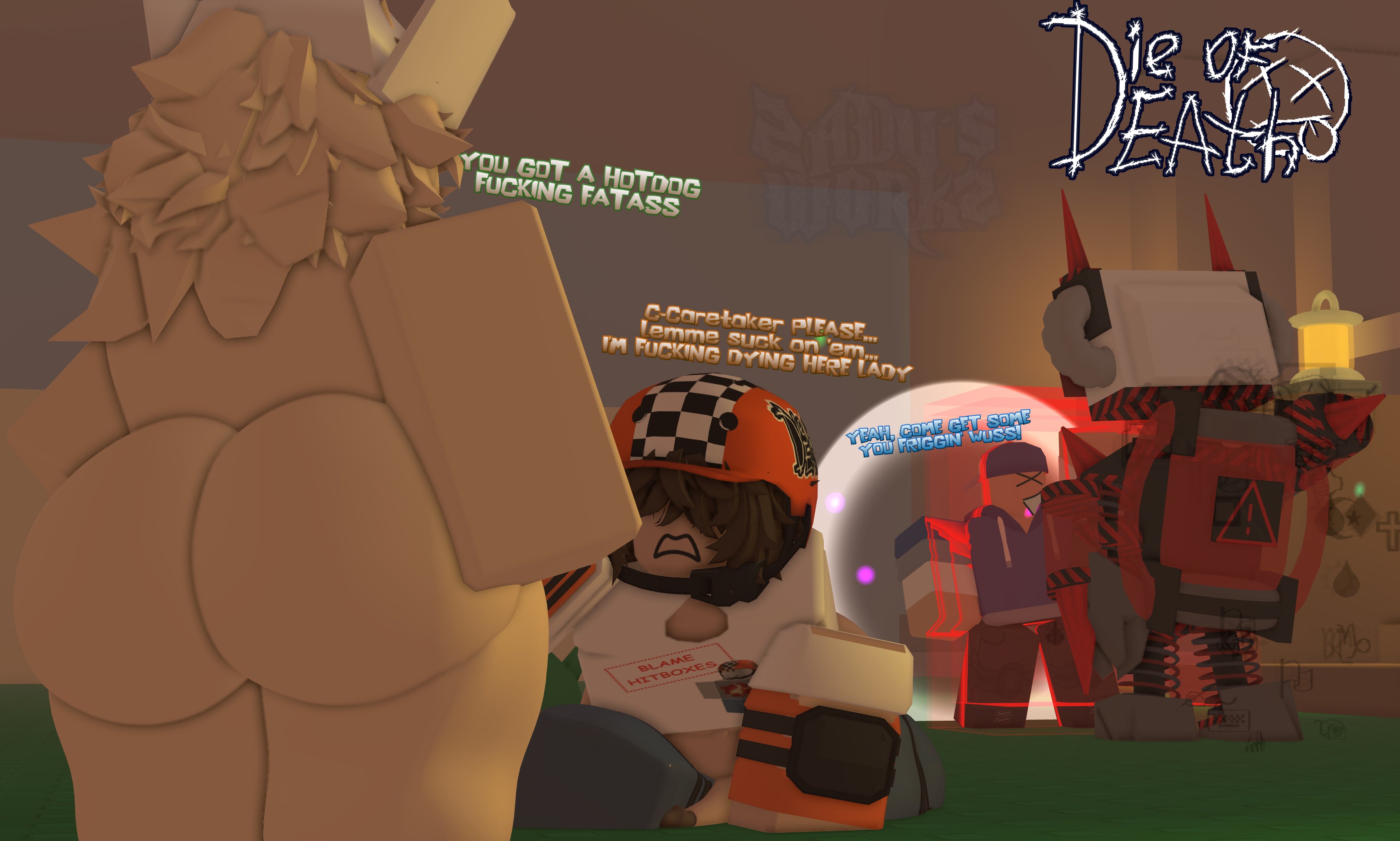 1boy, 1girls, 3d, ass, background character, background characters, badware (die of death), big ass, caretaker (die of death), civilian (die of death), clothed male, copyright name, crimstuff, dialogue, die of death (roblox), english text, hotdog (die of death), naked woman, nude female, outdoors, penis, penis out, roblox, roblox game, robloxian, tagme, taunt (die of death), text, thick thighs, thighs, watermark, wiperware (die of death), zaduworkz