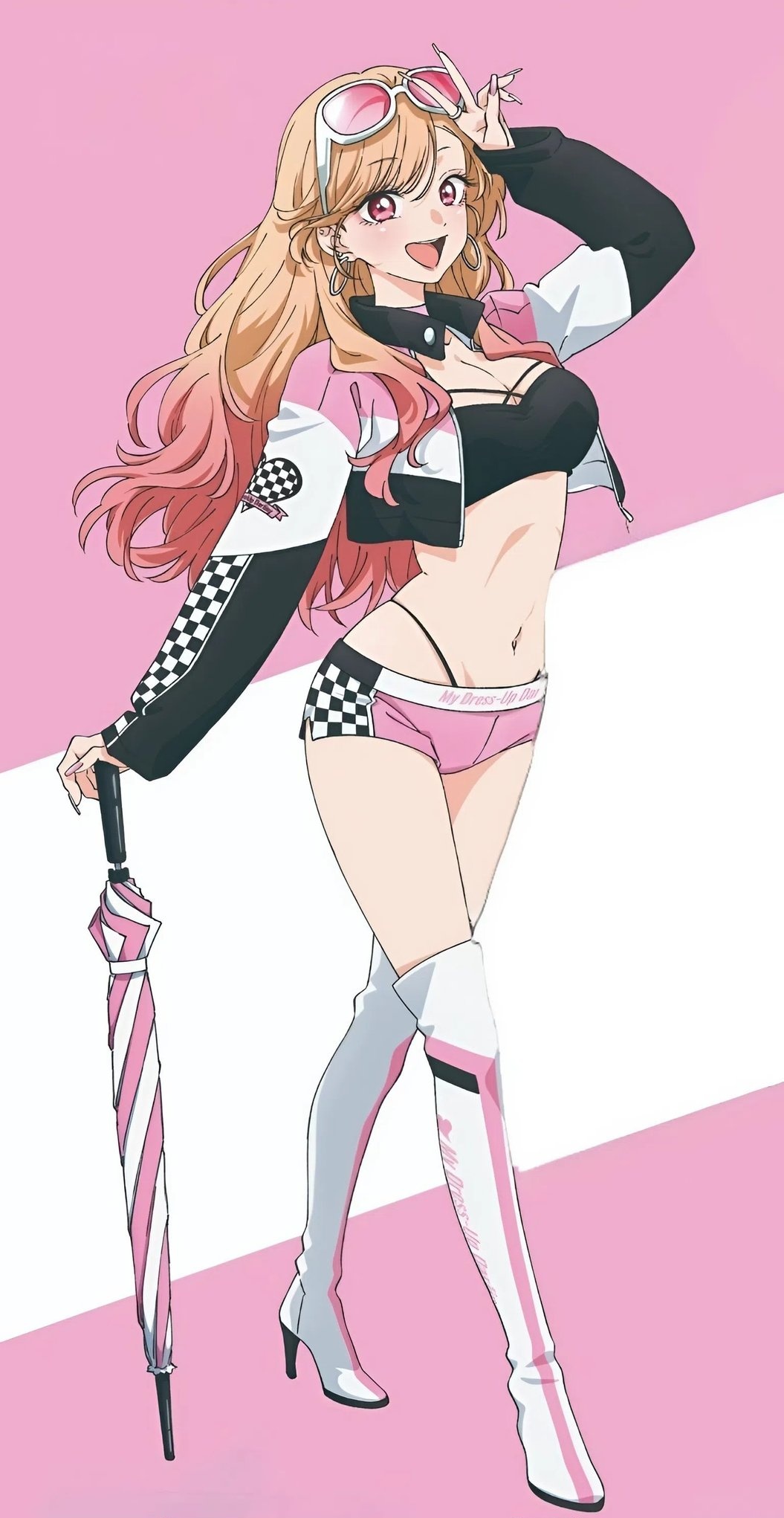 1girls, asian female, big breasts, blonde hair, boots, cleavage, colored tips, crop top, earrings, eyewear on head, gyaru, holding object, hotpants, hourglass figure, jacket, kitagawa marin, knee boots, looking at viewer, midriff, my dress up darling, overknees, pink eyes, pink fingernails, pink tips, posing, posing for the viewer, race queen, red eyes, simple background, sono bisque doll wa koi wo suru, string panties, sunglasses, umbrella