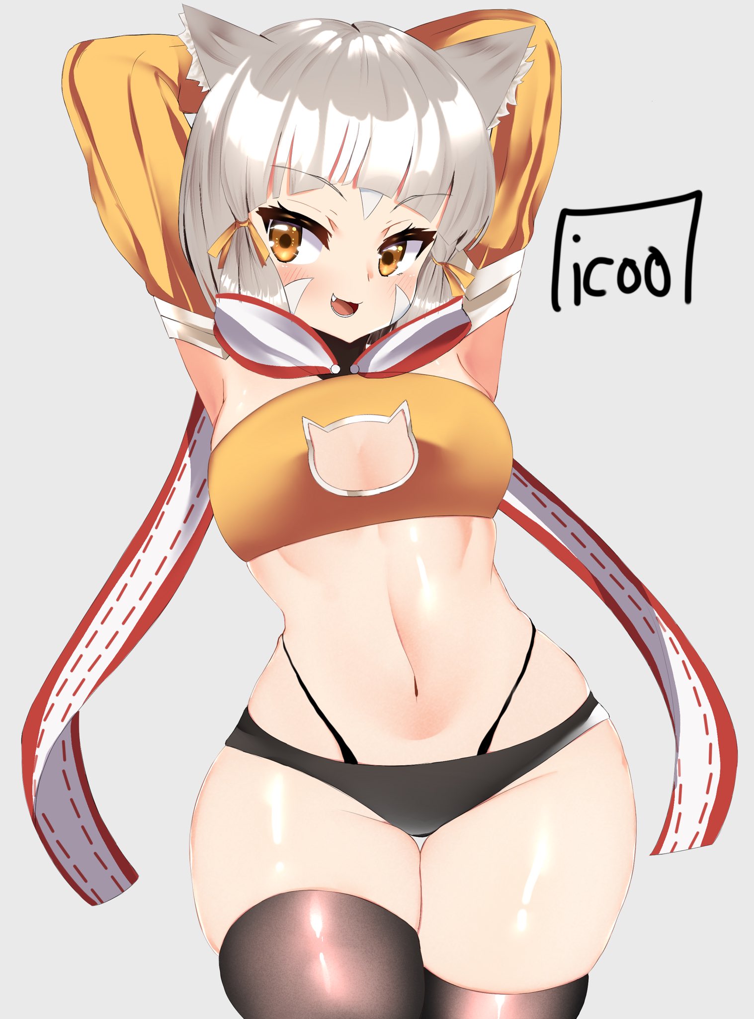 alternate costume, armpits, arms behind head, artist signature, blush, breasts, cat cutout, cat ears, cat girl, catgirl, colored, female, icoo, leggings, long sleeves, navel, nia, nia (xenoblade), nintendo, oerba yun fang, scarf, short hair, silver hair, small breasts, smile, smiling, tagme, thick thighs, thighs, xenoblade (series), xenoblade chronicles 2, yellow eyes