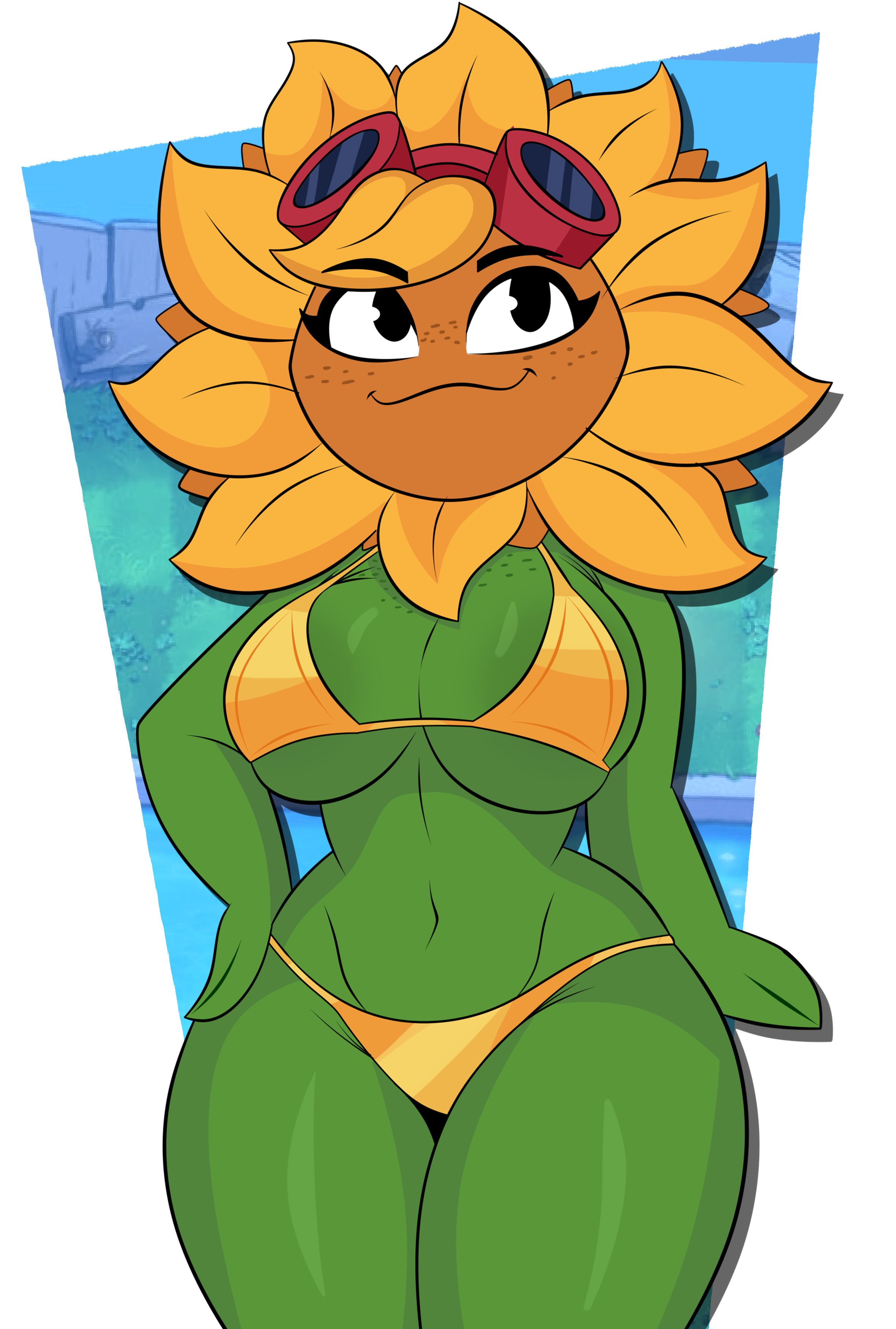 1girls, anthro, anthrofied, ass, bage21, bikini, electronic arts, female, female only, flora fauna, freckles, golden bikini, golden week, plant, plant humanoid, plantie, plants vs zombies, plants vs. zombies, popcap games, pussy, solar flare (pvz), sunflower (pvz), vagina, video game character, video games
