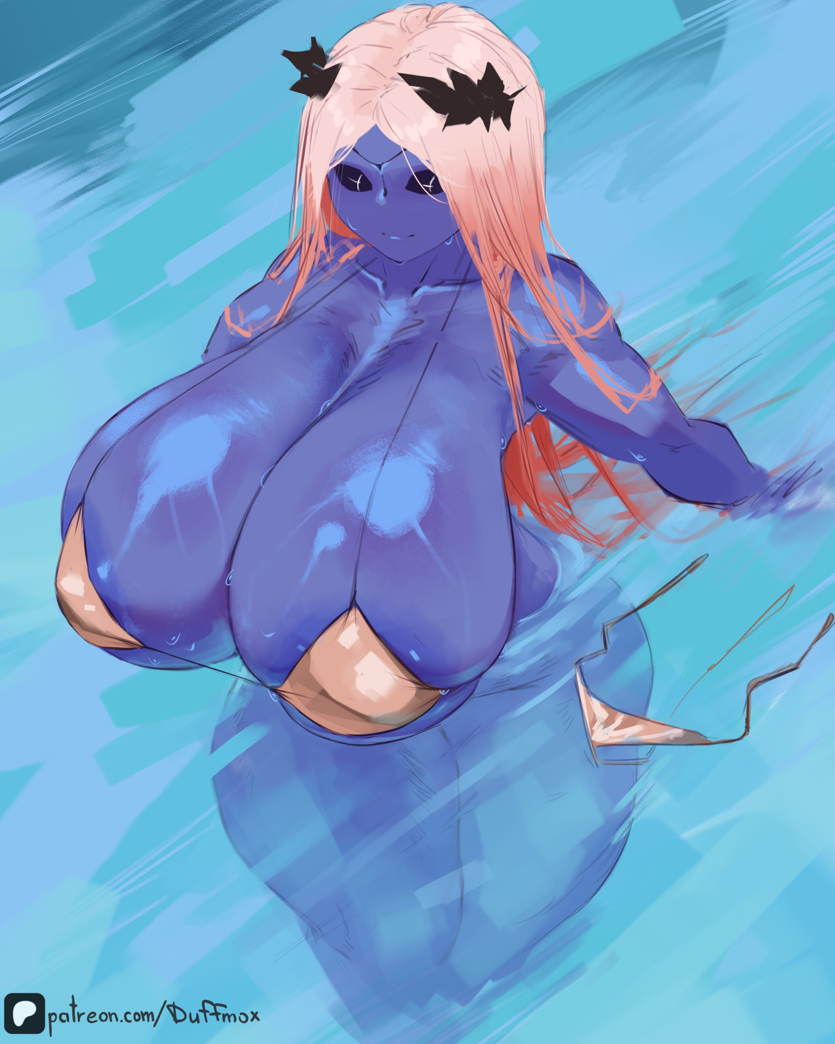 , 1girls, 2d, bikini, black sclera, blue skin, breasts, breasts bigger than head, daree (duffmox), duffmox, female, female only, golden bikini, looking at viewer, original, original character, partially submerged, solo, solo female, tagme, tau, thighs, warhammer (franchise), warhammer 40k, water