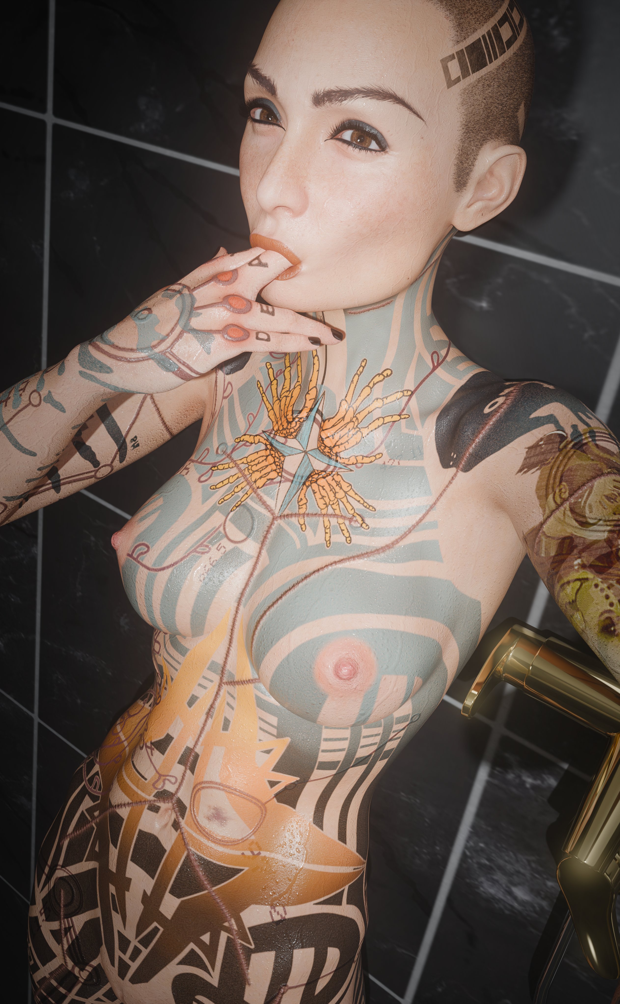 , 1girls, 3d, bald, bald female, bioware, breasts, female, female only, fingers in mouth, jack (mass effect), mass effect, nipples, nude, shaved head, small breasts, solo, tattoo, vool