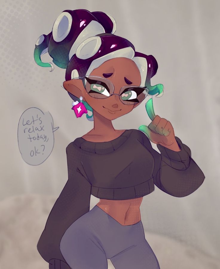 artist request, clothed female, curvy, dark skin, dark-skinned female, female, glasses, hips, leggings, marina (splatoon), octoling, smiling, speech bubble, splatoon, tagme, thin waist