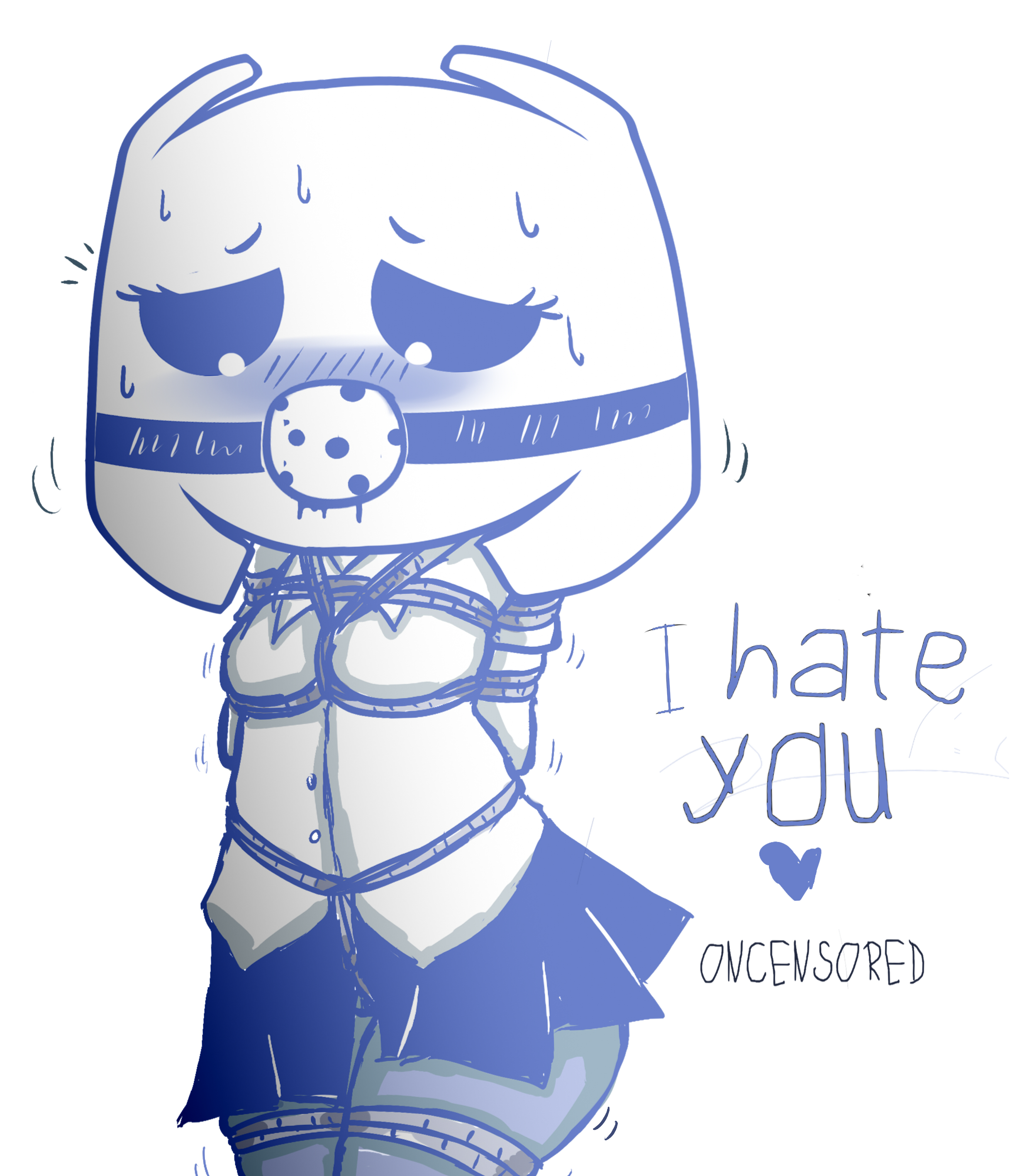 1girls, 2d, ball gag, blush, blush lines, bondage, clothing, clyde (discord), discord, discord (app), english text, female, limited palette, looking down, oncensored, pantyhose, simple background, standing, sweat, text, white background, worried