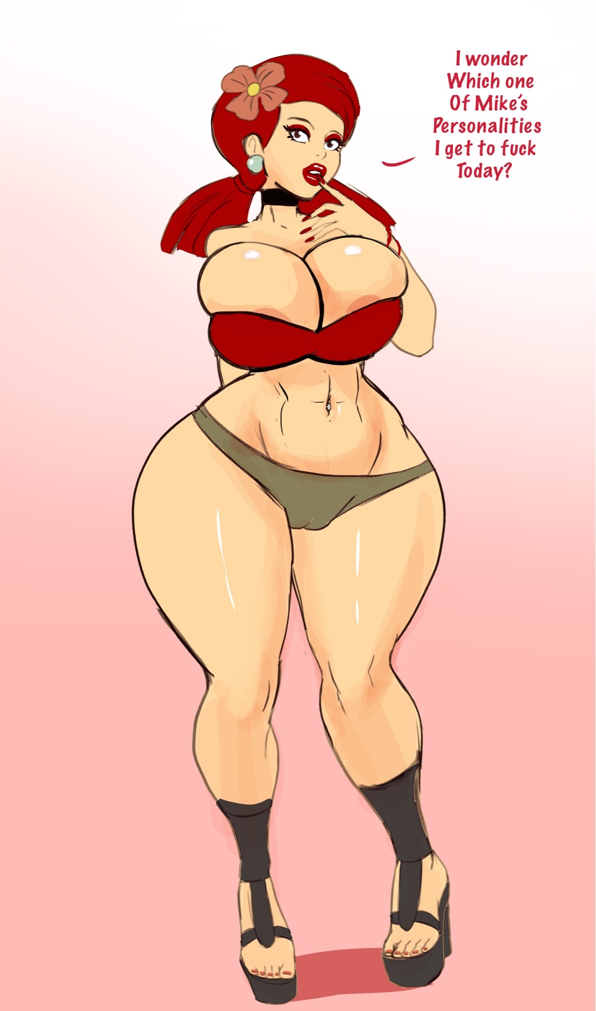 1girls, annon, areola slip, areolae, big breasts, bimbo, breasts, cameltoe, choker, cleavage, eyeshadow, female, female only, finger to mouth, high heels, lipstick, long fingernails, makeup, nail polish, name drop, pussy, red hair, red lipstick, solo, text, thick thighs, total drama island, total drama: revenge of the island, voluptuous, wide hips, zoey (tdi)