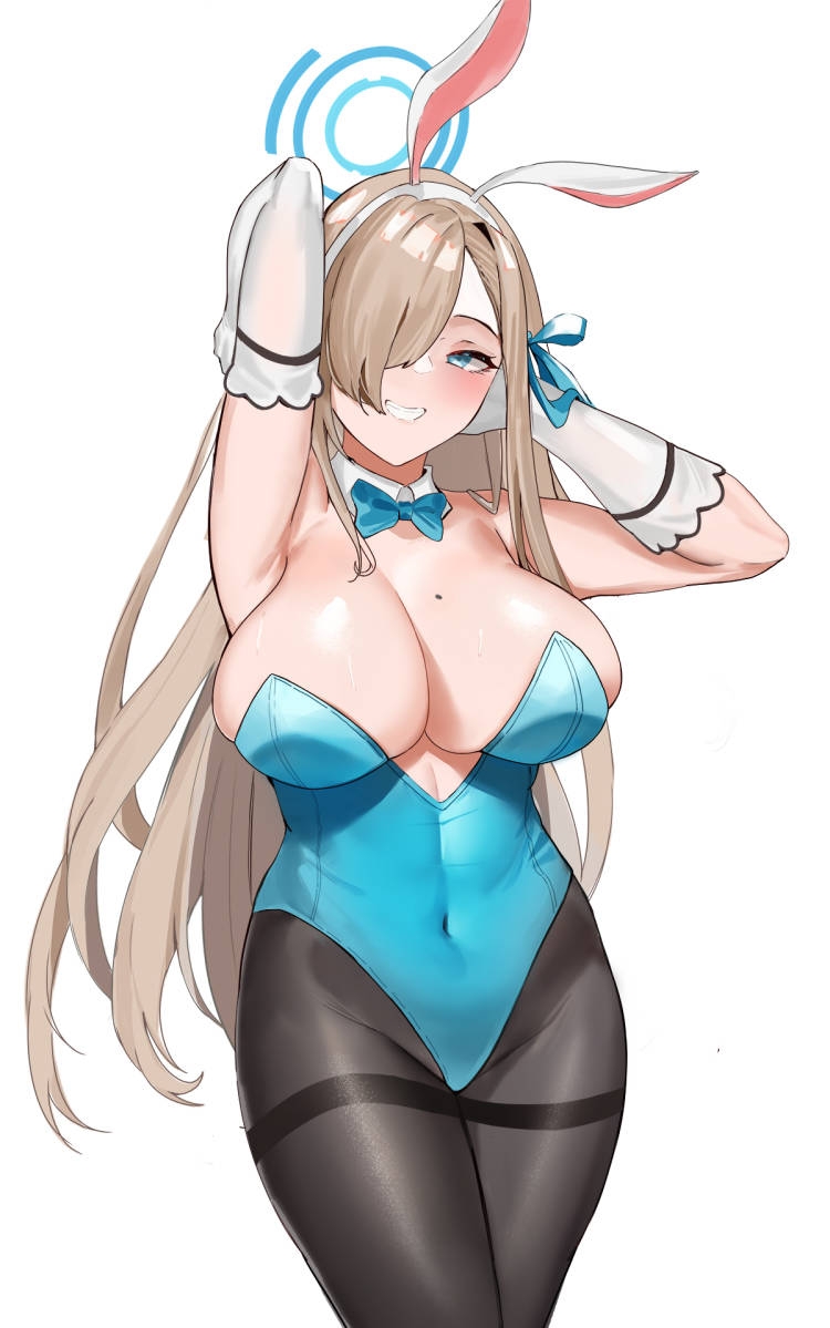 1girls, 2021, animal ears, armpits, arms up, asuna (blue archive), asuna (bunny) (blue archive), black legwear, blonde hair, blue archive, blue eyes, blue ribbon, blush, breasts, bunny ears, cleavage, covered navel, fake animal ears, female, female focus, female only, gloves, gongba laoge, grin, hair over one eye, hair ribbon, halo, long hair, looking at viewer, mole, mole on breast, pantyhose, playboy bunny, ribbon, simple background, smile, solo, solo female, thighband pantyhose, white background, white gloves