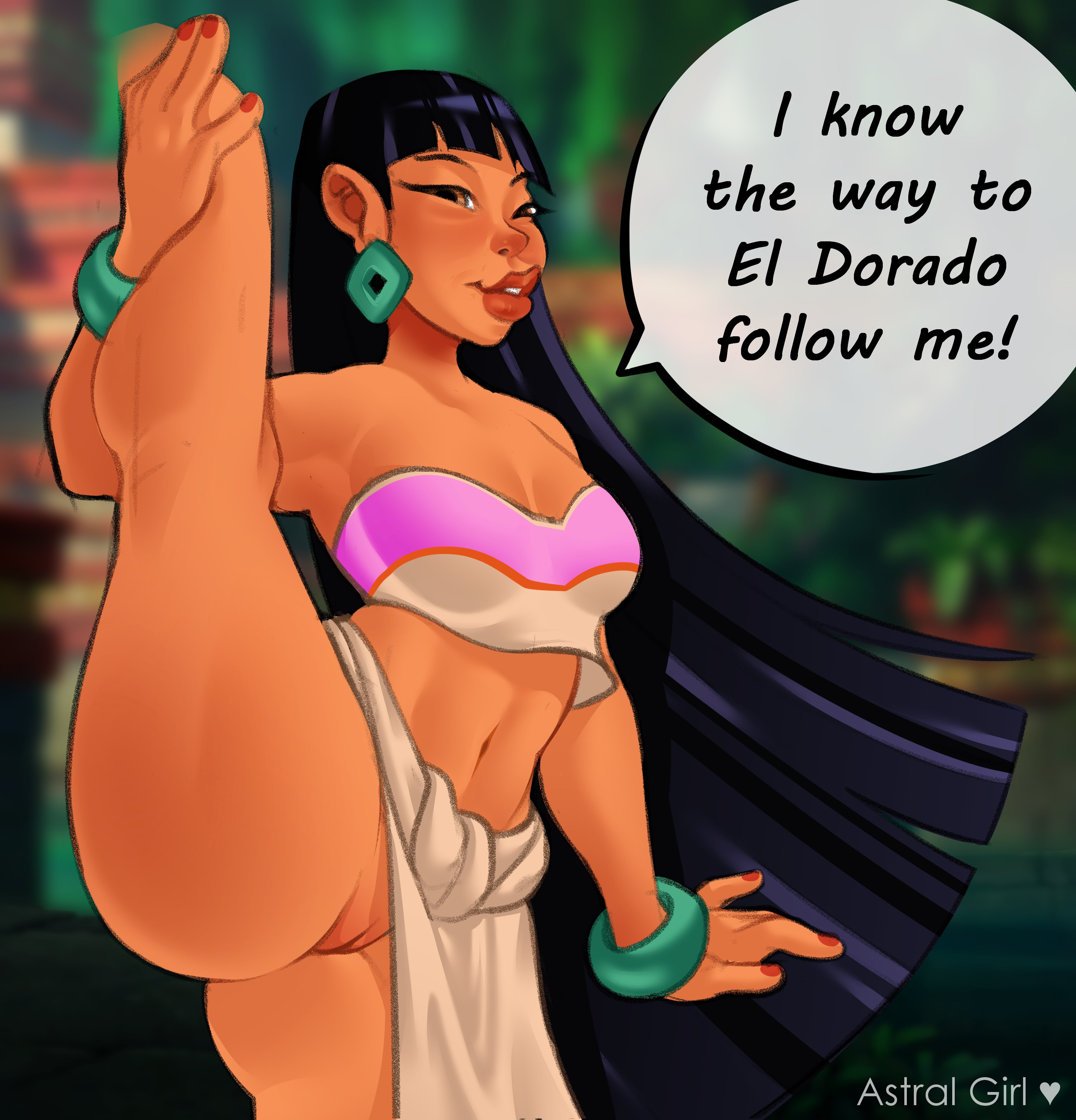 ass, astral girl, bangs, bare shoulders, black hair, bracelet, bubble ass, bubble butt, chel, dark skin, dark-skinned female, dreamworks, earrings, female, female focus, female only, flexible, going commando, lipstick, loincloth, loincloth aside, long hair, nail polish, navel, pose, posing, pussy, shaved pussy, solo, splits, standing, tagme, the road to el dorado, vagina, vertical splits