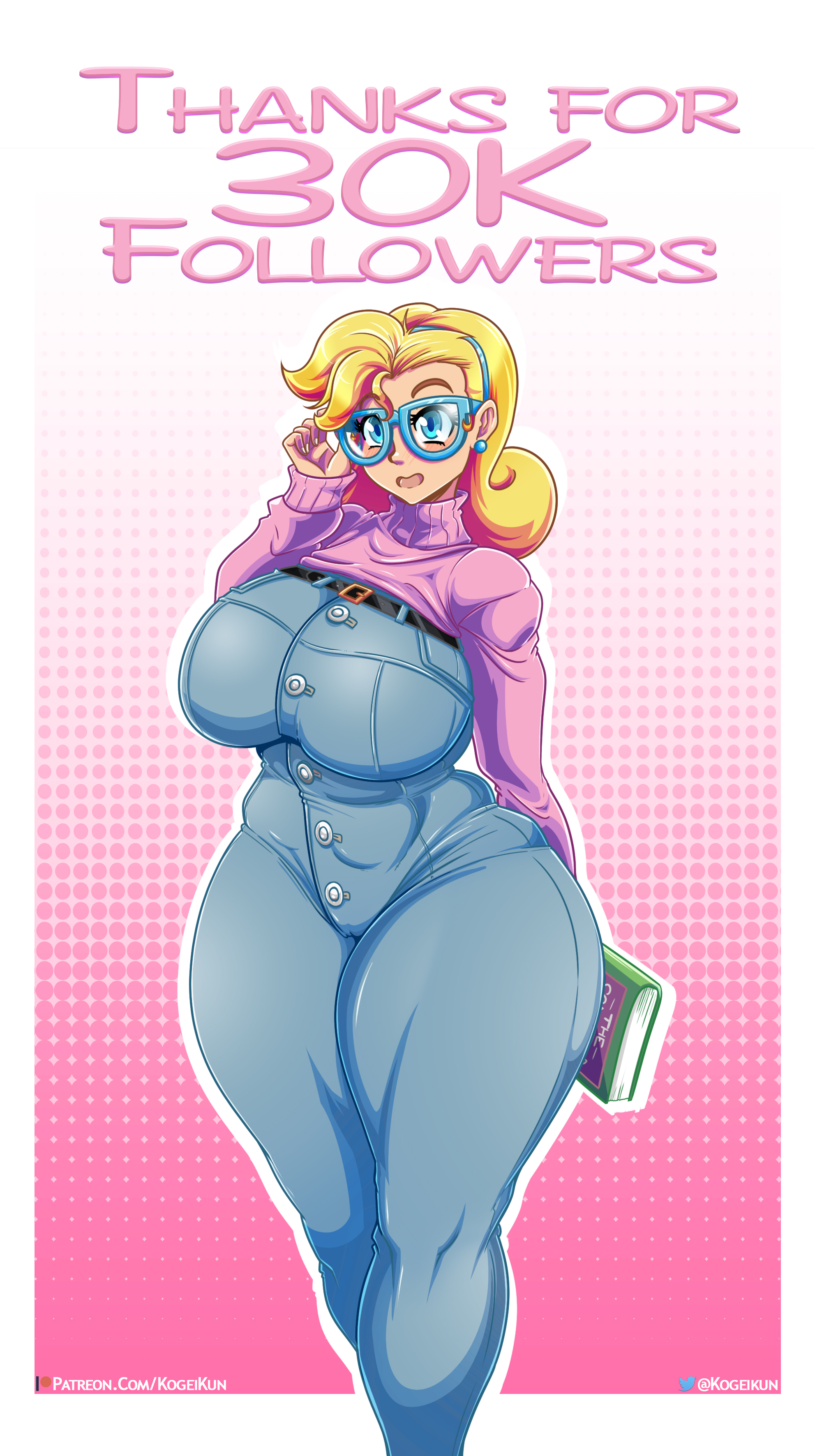 1girls, ass, auri (kogeikun), big ass, big breasts, big thighs, blonde hair, book, breasts, child bearing hips, enormous thighs, fat thighs, female, female only, glasses, huge thighs, kogeikun, large thighs, massive thighs, short hair, smile, solo, sweater, teacher, thick thighs, thunder thighs, thunderthighs, wide hips