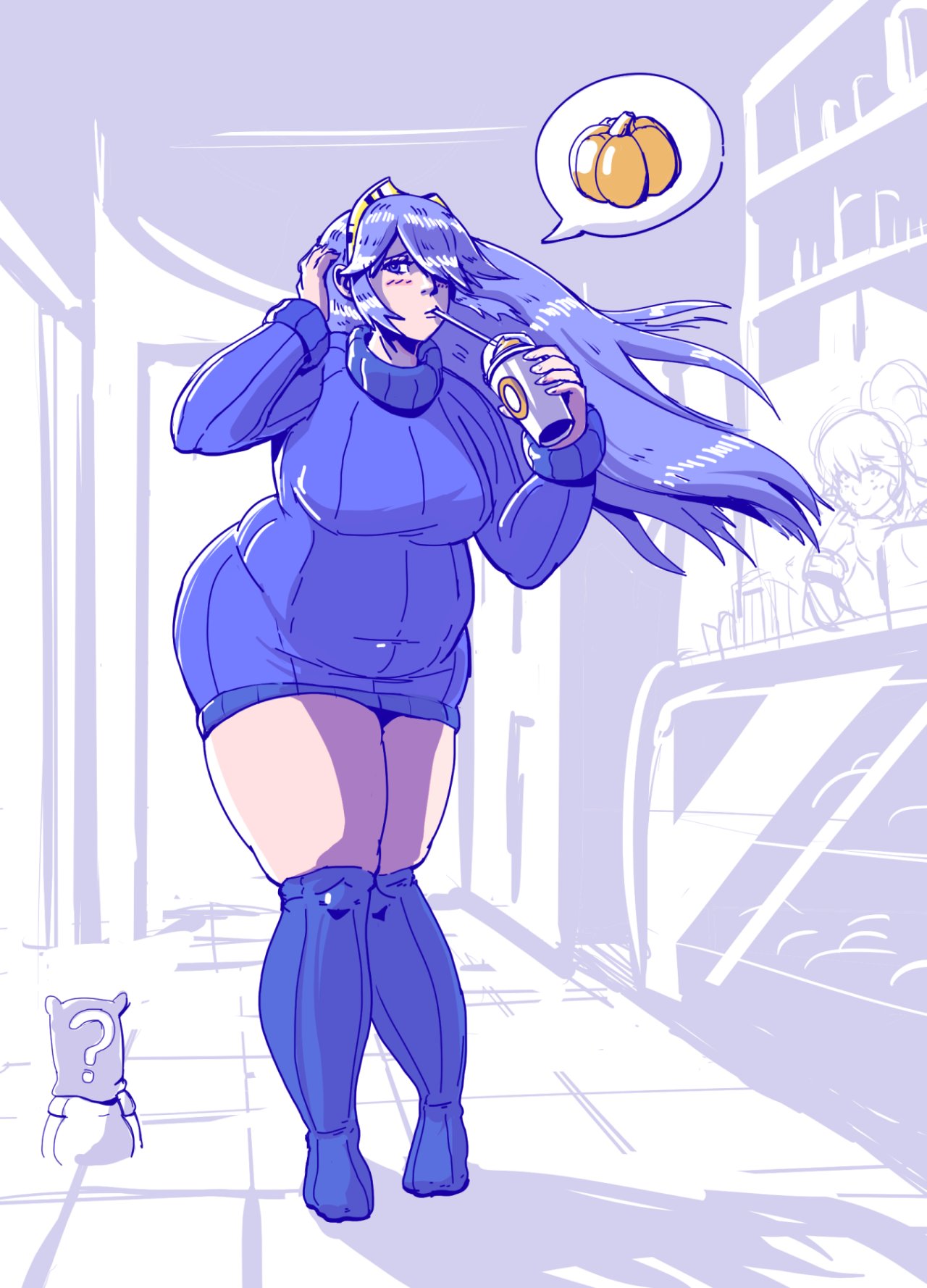 1girls, ass, belly overhang, big belly, blue hair, blush, breasts, chubby, female, fire emblem, fire emblem awakening, heyitsnumber5, huge ass, large breasts, lucina (fire emblem), nintendo, pumpkin, solo focus, sweater, thick thighs, weight gain