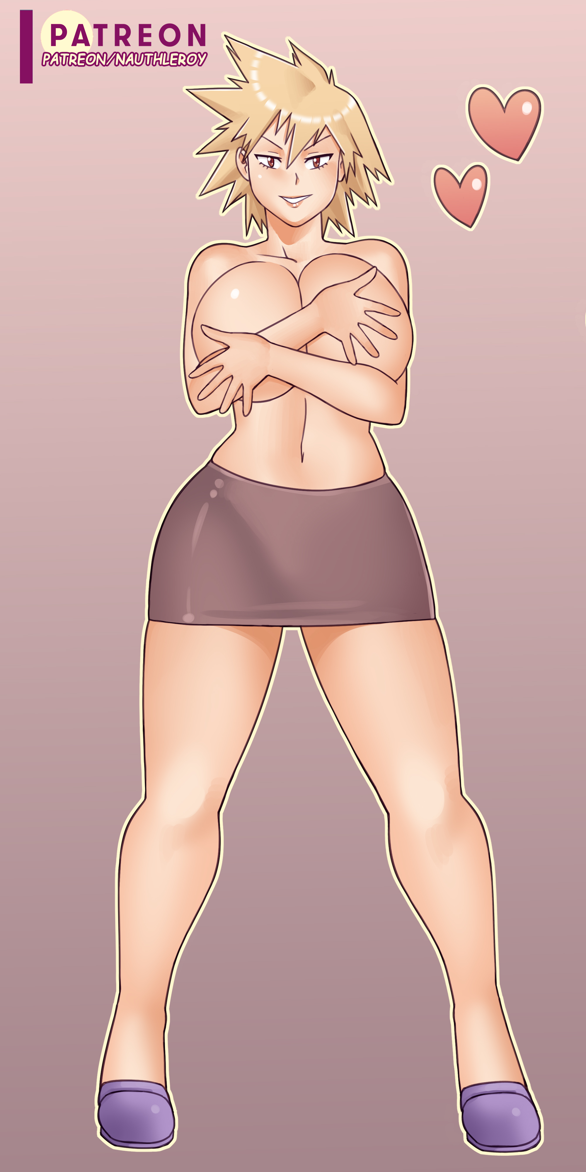 1girls, big breasts, blonde hair, breasts, covered breasts, eastern style, eye contact, female, huge breasts, large breasts, looking at viewer, mature female, milf, mitsuki bakugou, my hero academia, nauth, nauth le roy, red eyes, short hair, solo, standing, thick thighs, thighs, topless, wide hips