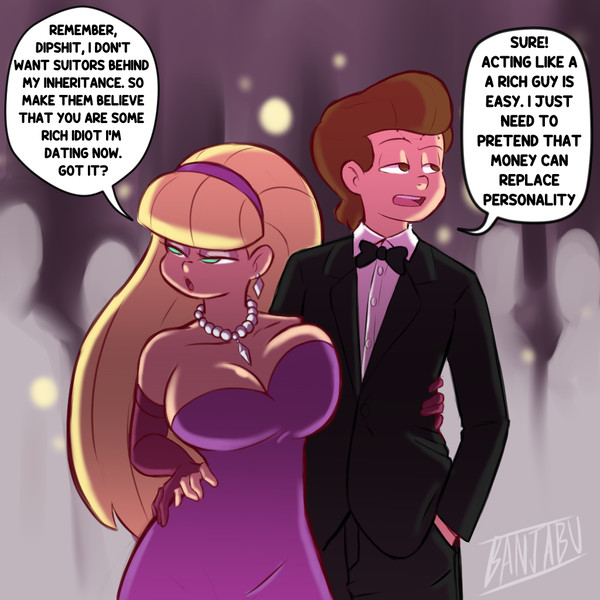 1boy 1boy1girl 1girls banjabu blonde_hair blush breasts busty cleavage couple dialogue dipper_pines disney disney_channel english_text formal_wear funny gravity_falls green_eyes just_fuck_already large_breasts male/female meme pacifica_northwest prom_dress romantic romantic_couple smooth_skin speech_bubble straight text tsundere wholesome