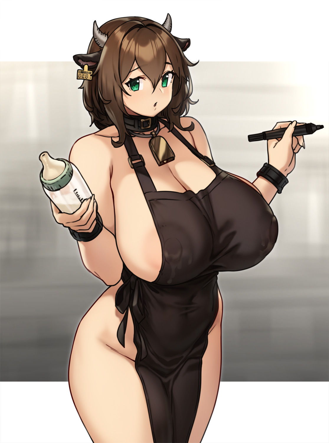 animal ears, apron, areola slip, areolae, bangs, bare shoulders, bell, black apron, blush, bottle, breasts, brown hair, cleavage, collar, collarbone, covered erect nipples, cow ears, cow girl, cow horns, cowbell, female, green eyes, highres, horns, houtengeki, large areolae, large breasts, looking at viewer, milk bottle, naked apron, open mouth, original, short hair, solo