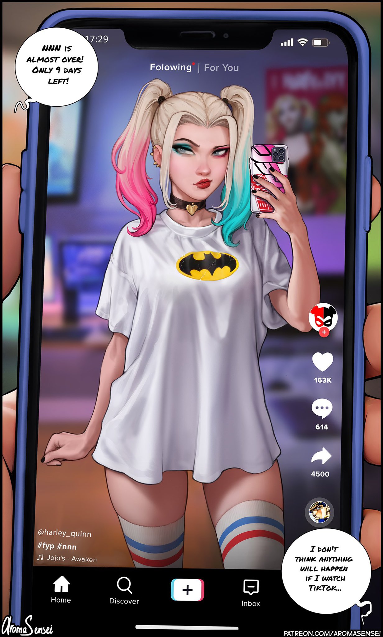 1girls, aroma sensei, batman (series), blonde hair, blue eyeshadow, blue hair, breasts, dc, dc comics, dyed hair, female, female only, fully clothed, harley quinn, harley quinn (series), jojo reference, medium breasts, no nut november, phone, phone screen, pigtails, pink eyeshadow, pink hair, selfie, smartphone, socks, solo, solo female, suicide squad, thick thighs, thigh gap, thigh socks, thighs, three-tone hair, tiktok, tiktok overlay
