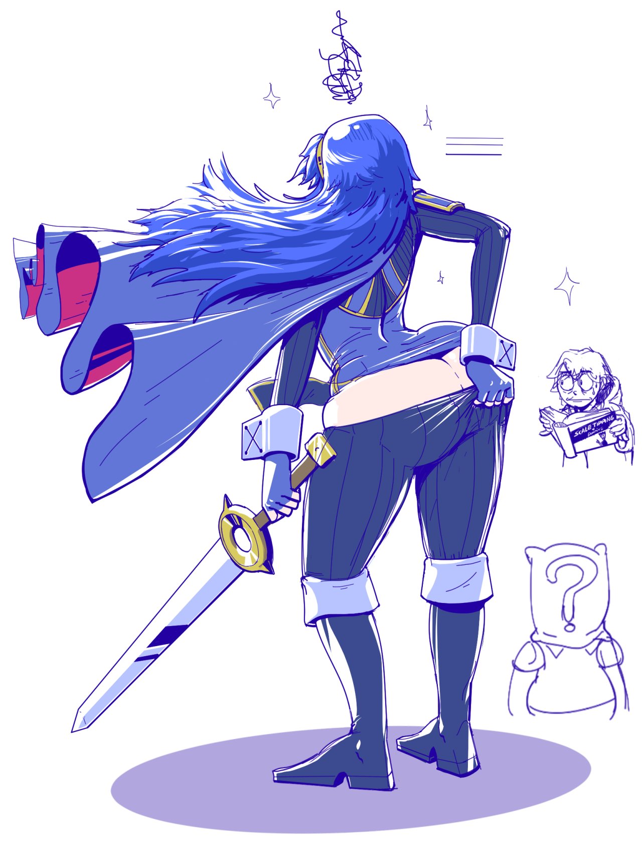 1girls, ass, ass expansion, blue hair, female, fire emblem, fire emblem awakening, from behind, heyitsnumber5, huge ass, lucina (fire emblem), male, nintendo, robin (fire emblem), robin (fire emblem) (male), solo, struggling to fit, sword, tight fit, weight gain