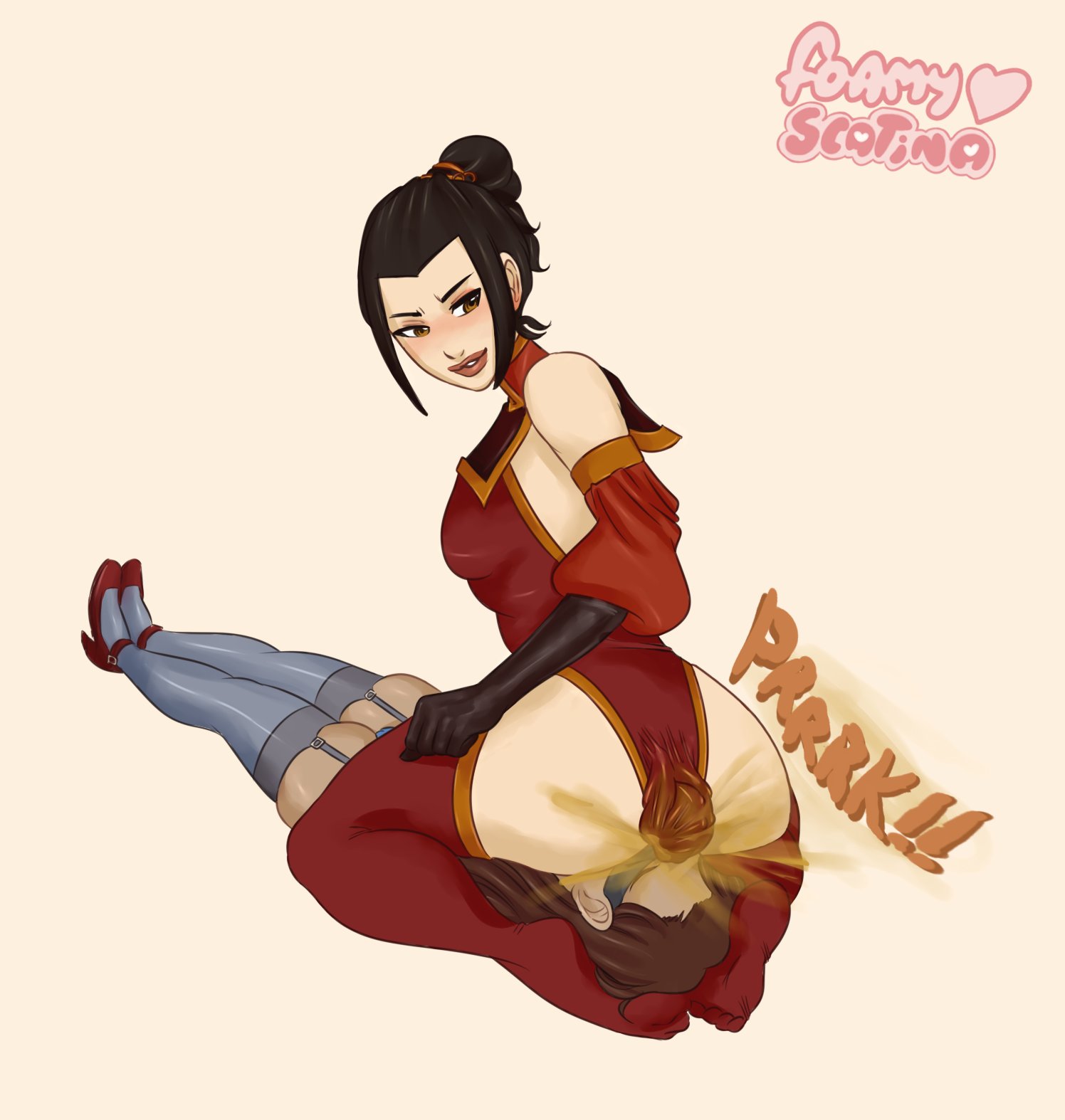 1boy, 1girls, ass, avatar legends, avatar the last airbender, azula, black hair, blush, breasts, clothing, duo, faceless male, facesitting, fart, fart fetish, female, female focus, fire nation, foamyscatina, intentional soiling, looking back, male, nickelodeon, scat, sitting, small breasts, smile, soiling, sound effects, stockings, straight