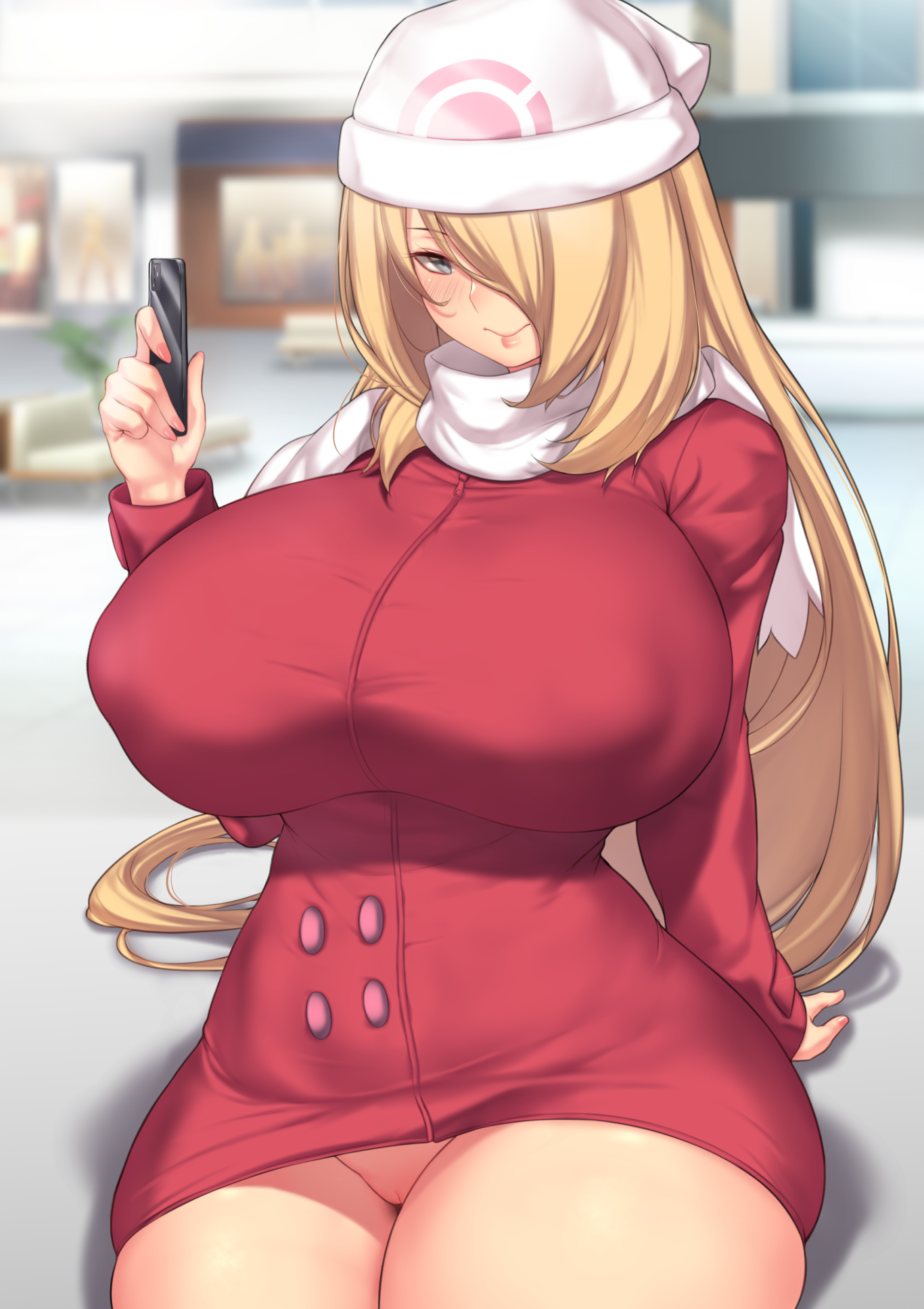 1girls, alternate breast size, alternate costume, aster crowley, blonde hair, blush, breasts, clothing, curvaceous, curves, curvy, curvy figure, cynthia (pokemon), dawn (pokemon) (cosplay), duplicate, female, game freak, hair over one eye, high resolution, higher resolution available, highres, huge breasts, human, large breasts, long hair, looking at viewer, mature, mature female, nintendo, no panties, no source, pokemon, pokemon platinum, red coat, red jacket, white scarf, winter clothes