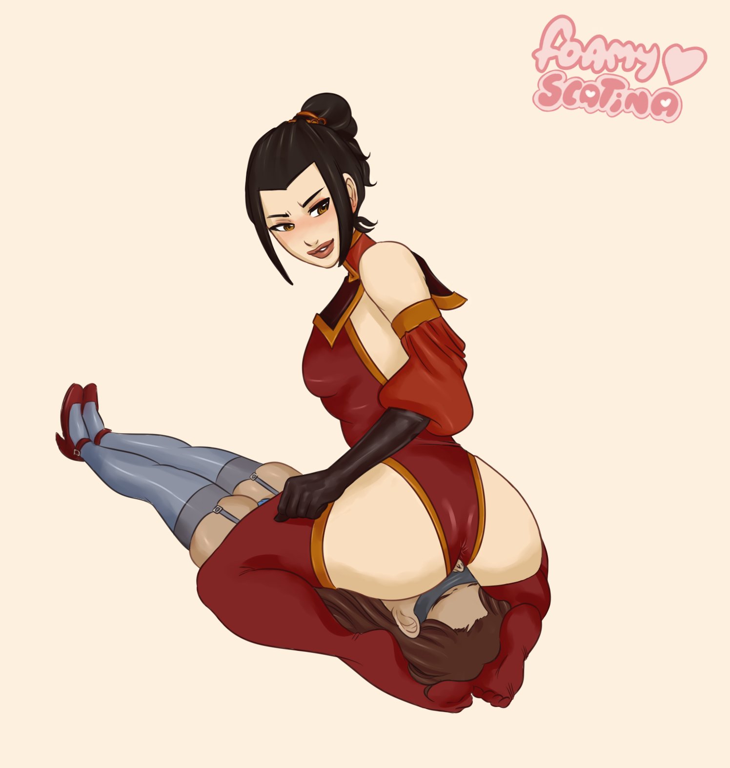 1boy, 1girls, ass, avatar the last airbender, azula, black hair, breasts, clothing, duo, faceless male, facesitting, female, female focus, fire nation, foamyscatina, looking back, male, nickelodeon, sitting, small breasts, smile, stockings, straight