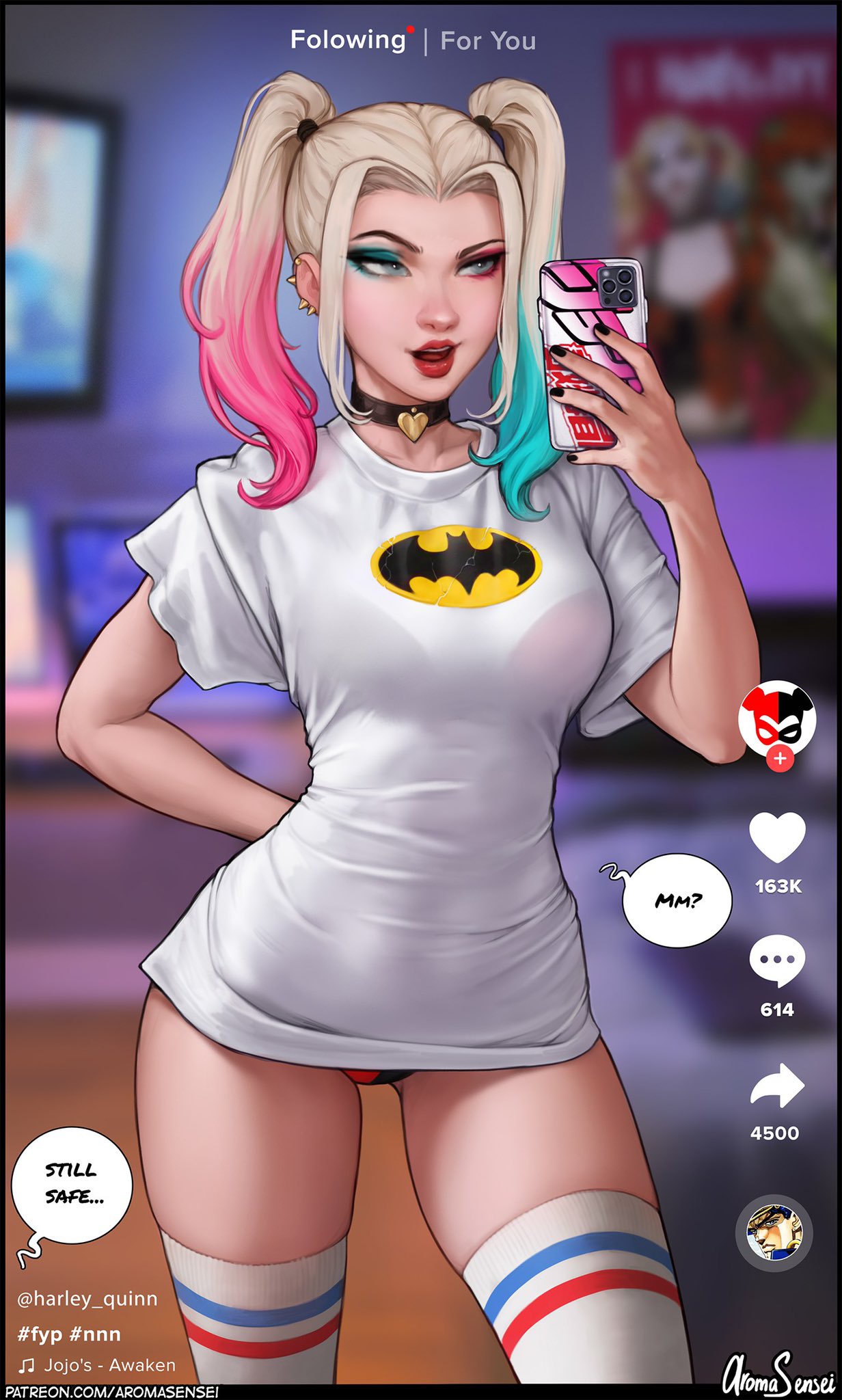 1girls, aroma sensei, batman (series), blonde hair, blue eyeshadow, blue hair, dc, dc comics, dyed hair, female, female only, fully clothed, harley quinn, harley quinn (series), panties, pigtails, pink eyeshadow, pink hair, selfie, smartphone, socks, solo, solo female, suicide squad, thick thighs, thigh gap, thigh socks, three-tone hair