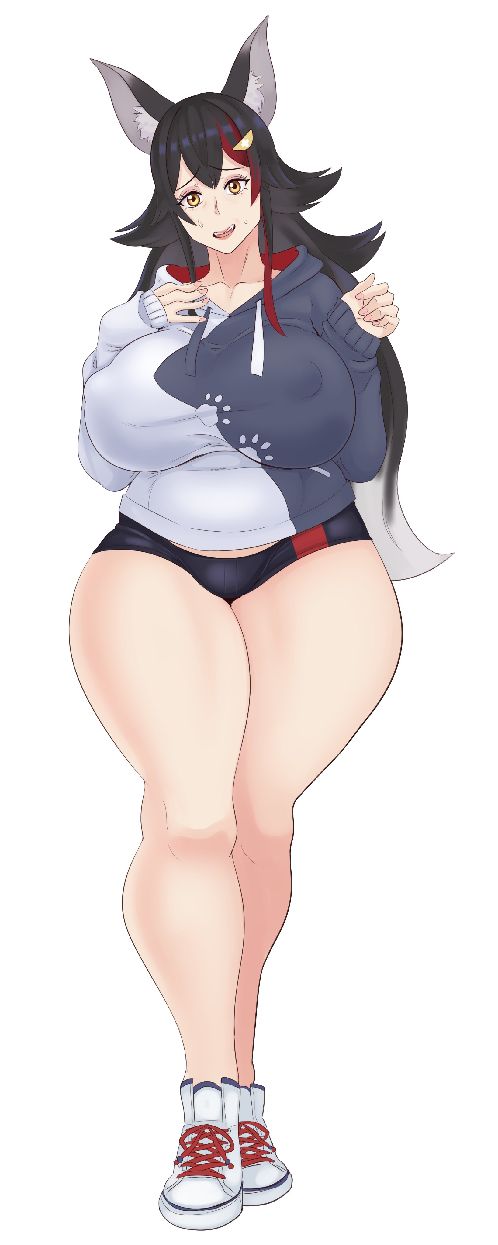 1girls, absurdres, breasts, female, female only, highres, hololive, hololive gamers, hololive japan, huge breasts, looking at viewer, nipple bulge, ookami mio, shoes, sneakers, solo, sunnysundown, thick thighs, virtual youtuber, wide hips