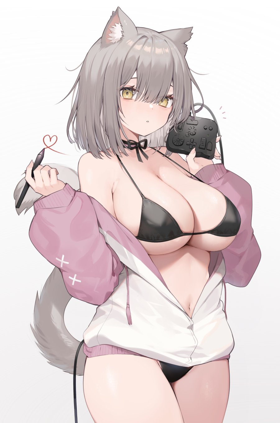 animal_ears arms_up banned_artist bare_shoulders bikini black_bikini breasts cat_ears cat_tail female female grey_hair heart highres holding large_breasts looking_at_viewer muryotaro navel open_clothes original pen ribbon simple_background swimsuit tail underwear yellow_eyes