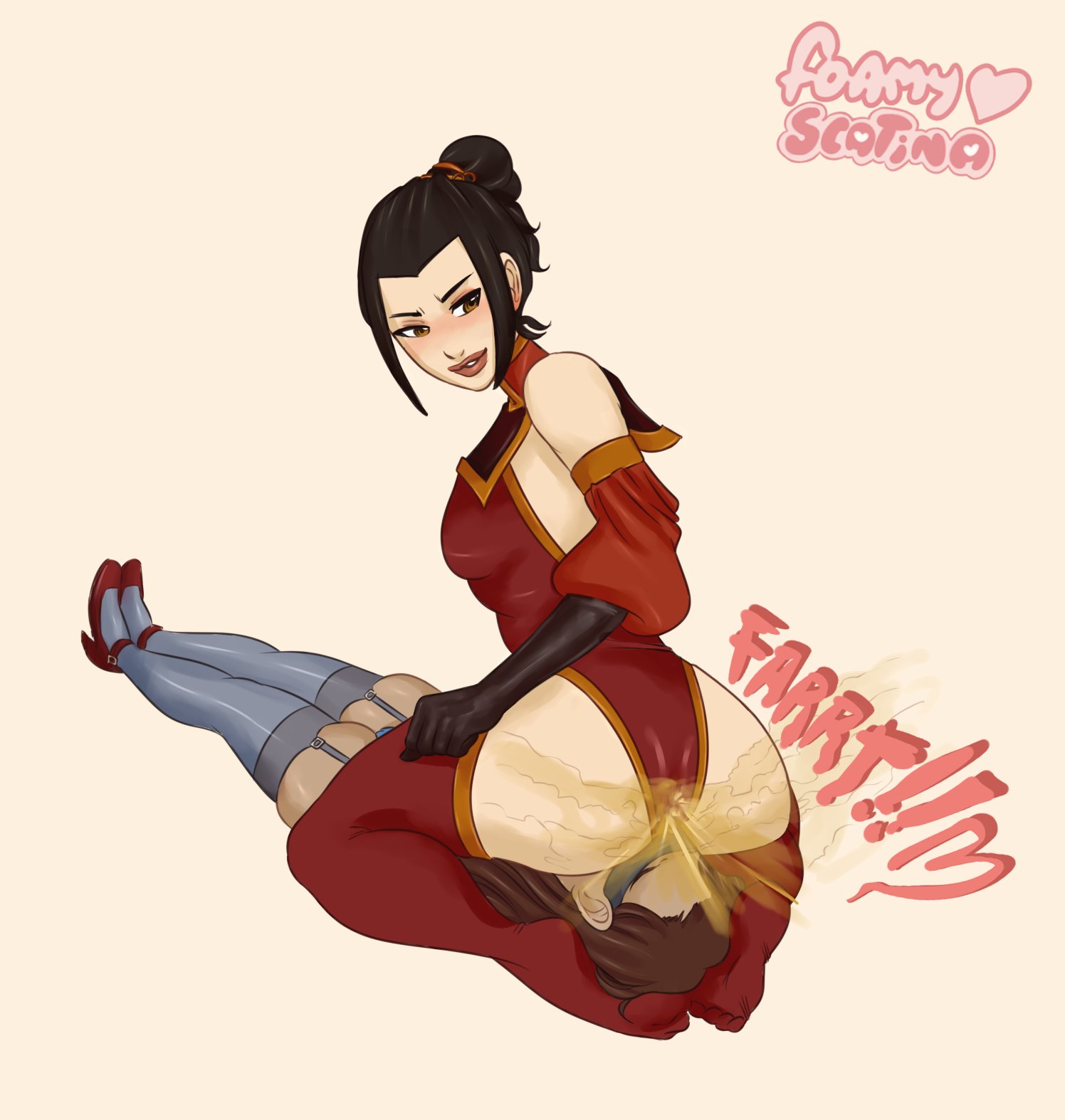 1boy, 1girls, ass, avatar the last airbender, azula, black hair, blush, breasts, clothing, duo, faceless male, facesitting, fart, fart fetish, female, female focus, foamyscatina, looking back, male, sitting, small breasts, smile, stockings, straight