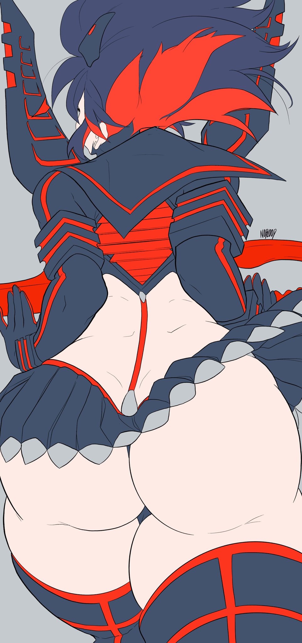 1girls, 2021, ass, ass focus, big ass, big butt, female, female focus, female only, grey background, kill la kill, matoi ryuuko, noblood, senketsu, short hair, solo, standing, thick thighs, thighhighs, thighs, two-tone hair