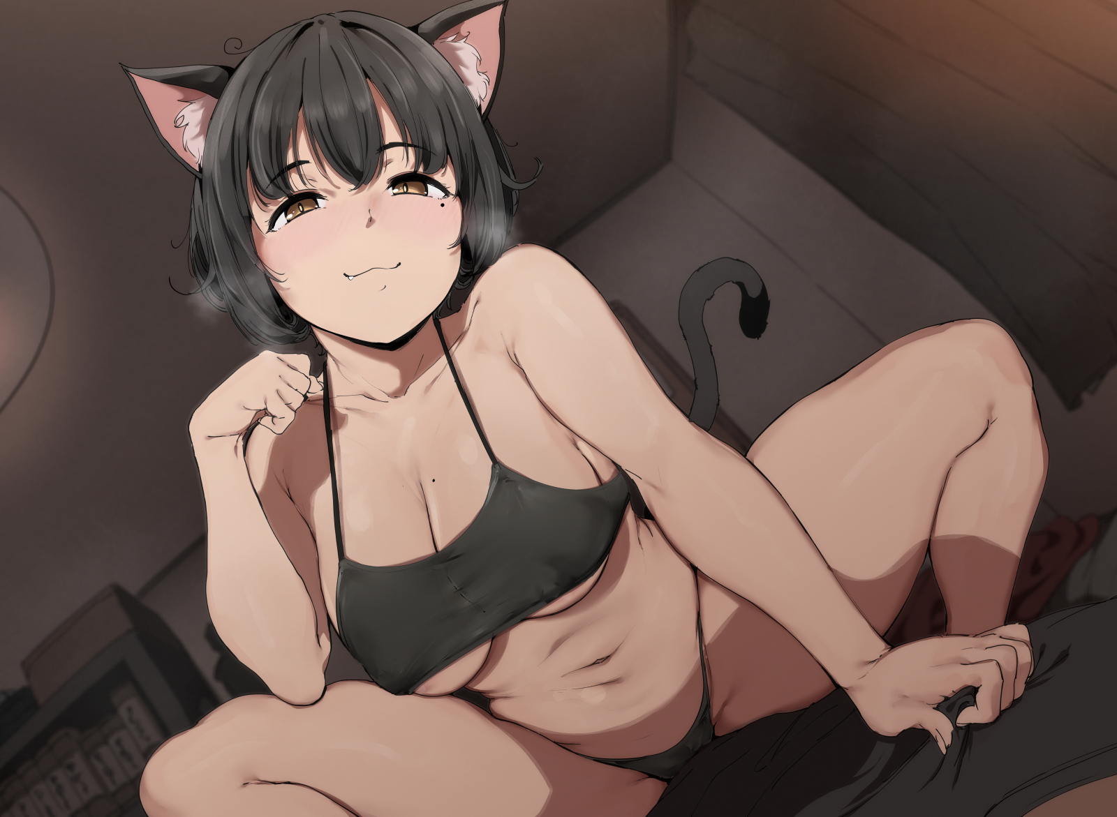 1boy, 1girls, alp, animal ear fluff, animal ears, big breasts, black bra, black hair, black panties, blush, books, bookshelf, bra, breasts, cat ears, cat girl, cat tail, cleavage, closed mouth, collarbone, eyebrows visible through hair, female, female focus, highres, horny, indoors, looking at viewer, male, mole, mole on breast, mole under eye, navel, oerba yun fang, original, panties, short hair, solo focus, straddling, tail, underwear, yellow eyes