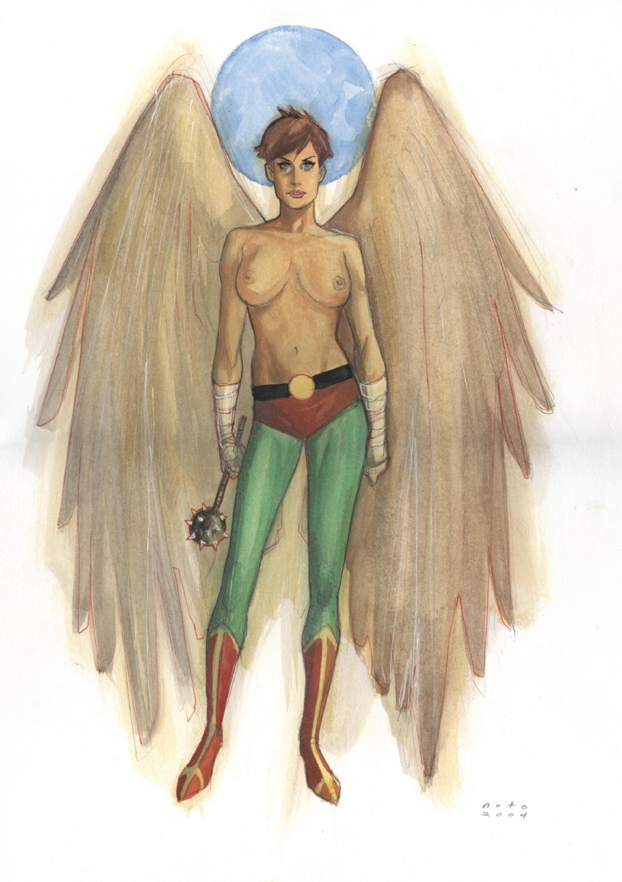 1girls 2004 armed big_breasts breasts brown_hair dc female female_only green_eyes hawkgirl justice_league navel nipples phil_noto short_hair solo teeth topless wings