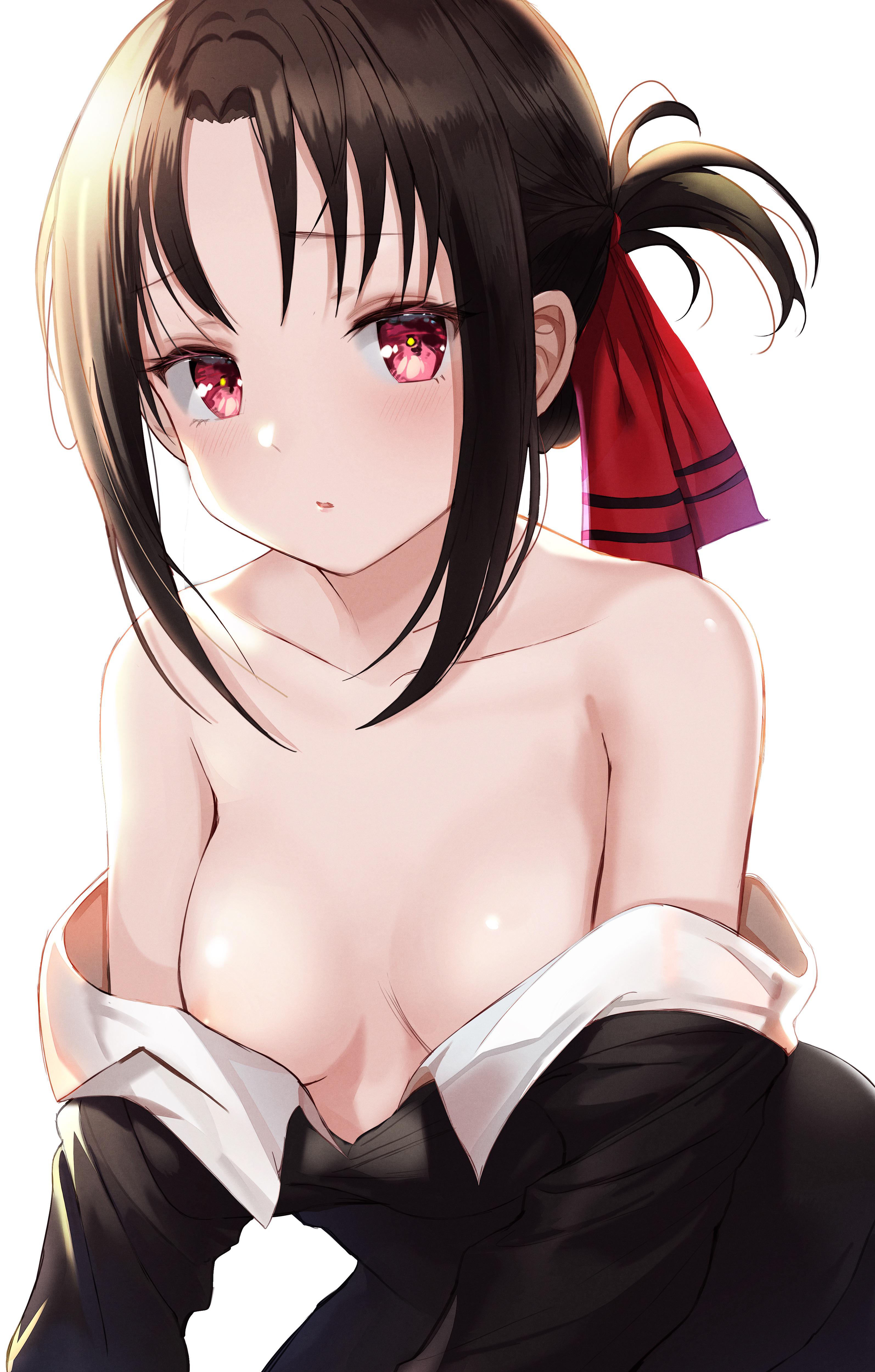 1girls, bashful, black hair, breasts, clavicle, collarbone, female, female only, hair ribbon, human, kaguya-sama wa kokurasetai ~tensai-tachi no renai zunousen~, red eyes, school uniform, shinomiya kaguya, slipping out, small breasts, solo, young, younger female