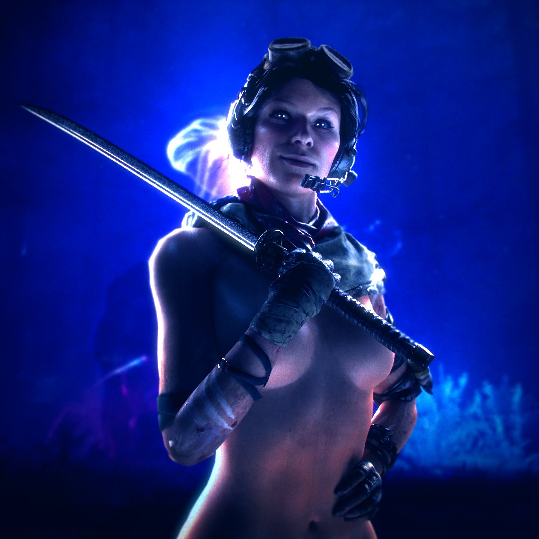 1girls breasts call_of_duty call_of_duty_black_ops_cold_war call_of_duty_zombies cosplay elizabeth_grey_(cod) flickytuts gloves no_bra samantha_maxis smirk solo_female sword