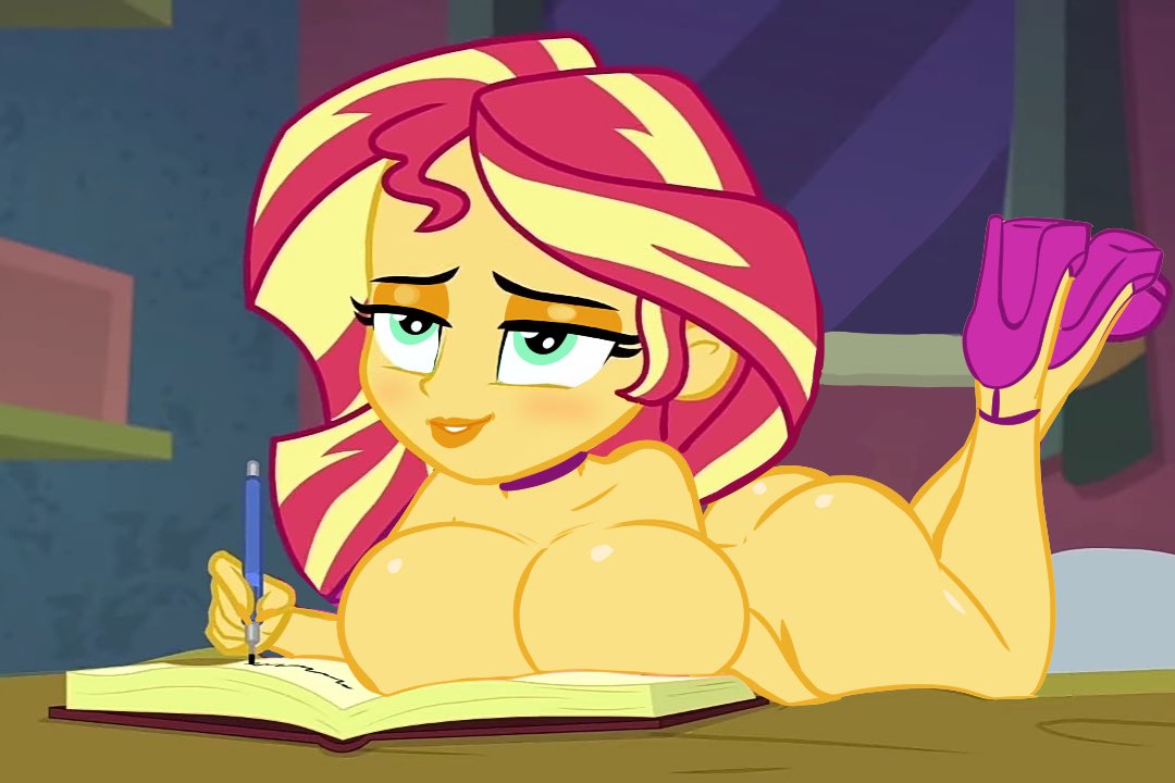 1girls, accurate art style, annon, ass, bimbo, book, breasts, edit, edited, equestria girls, eyeshadow, female, female only, friendship is magic, hasbro, high heels, large breasts, lips, lipstick, makeup, masturbation, my little pony, naked footwear, naked with shoes on, nude, nude female, screencap, screenshot edit, shoes only, solo, sunset shimmer