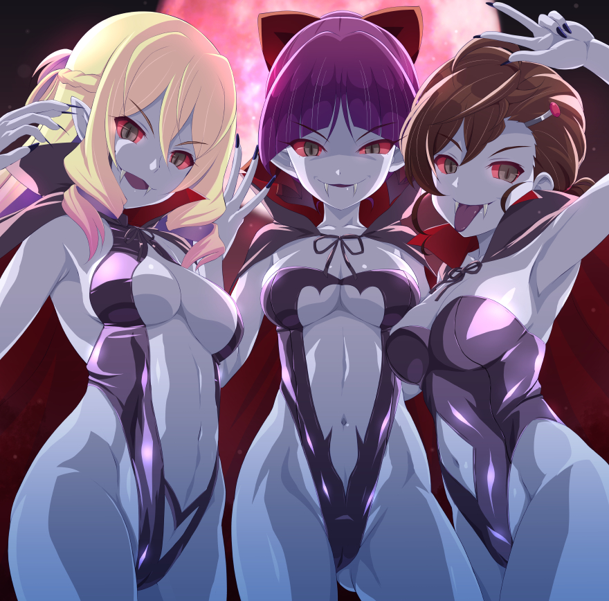 3girls agnes_(gegege_no_kitarou) blue_skin breasts cape cat_girl corruption fangs female gegege_no_kitarou hips human humanoid inuyama_mana large_ass large_breasts leotard long_hair looking_at_viewer multiple_girls nekomusume pale-skinned_female pale_skin post_transformation tagme thick_thighs thighs transformation trio vampire wide_hips witch yokai