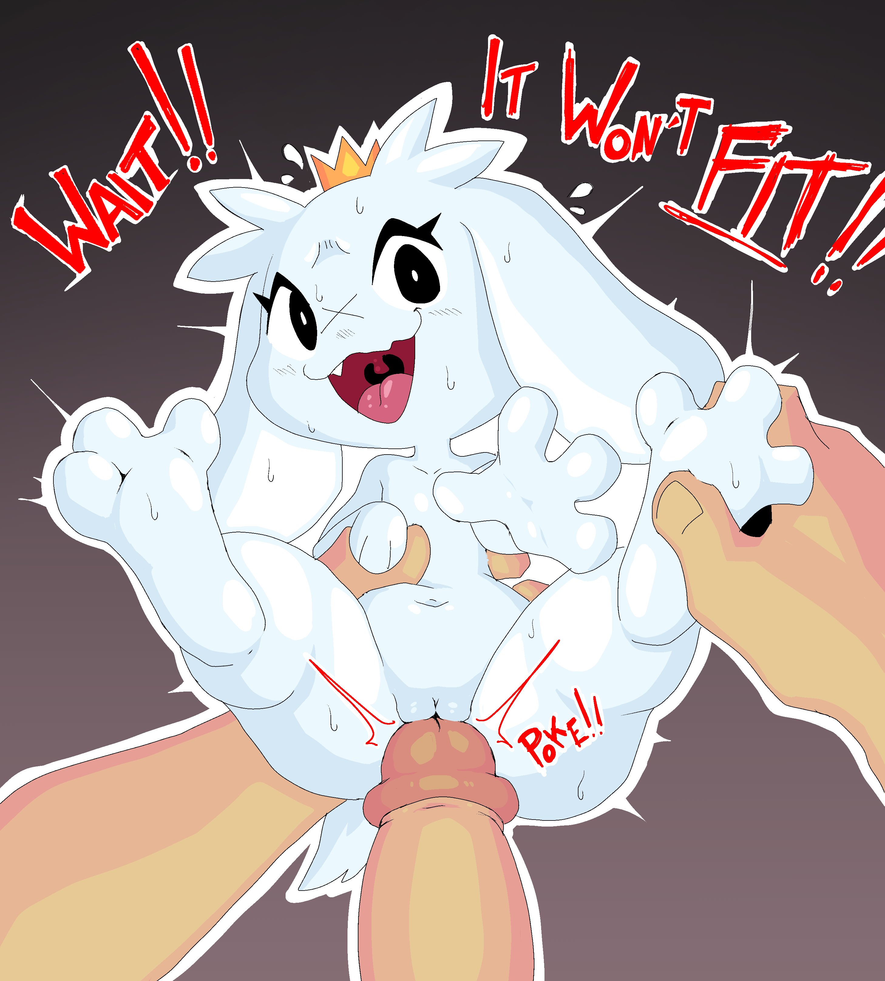 1boy, 1girls, 3 toes, big penis, cave story, crown, disembodied penis, faceless male, female, female focus, fleshlight position, imminent sex, imminent vaginal, it'll never fit, lagomorph, male, mimiga, penis, ponporio (artist), pov, prodding, pussy, sex, simple background, size difference, sue sakamoto, sweat, text
