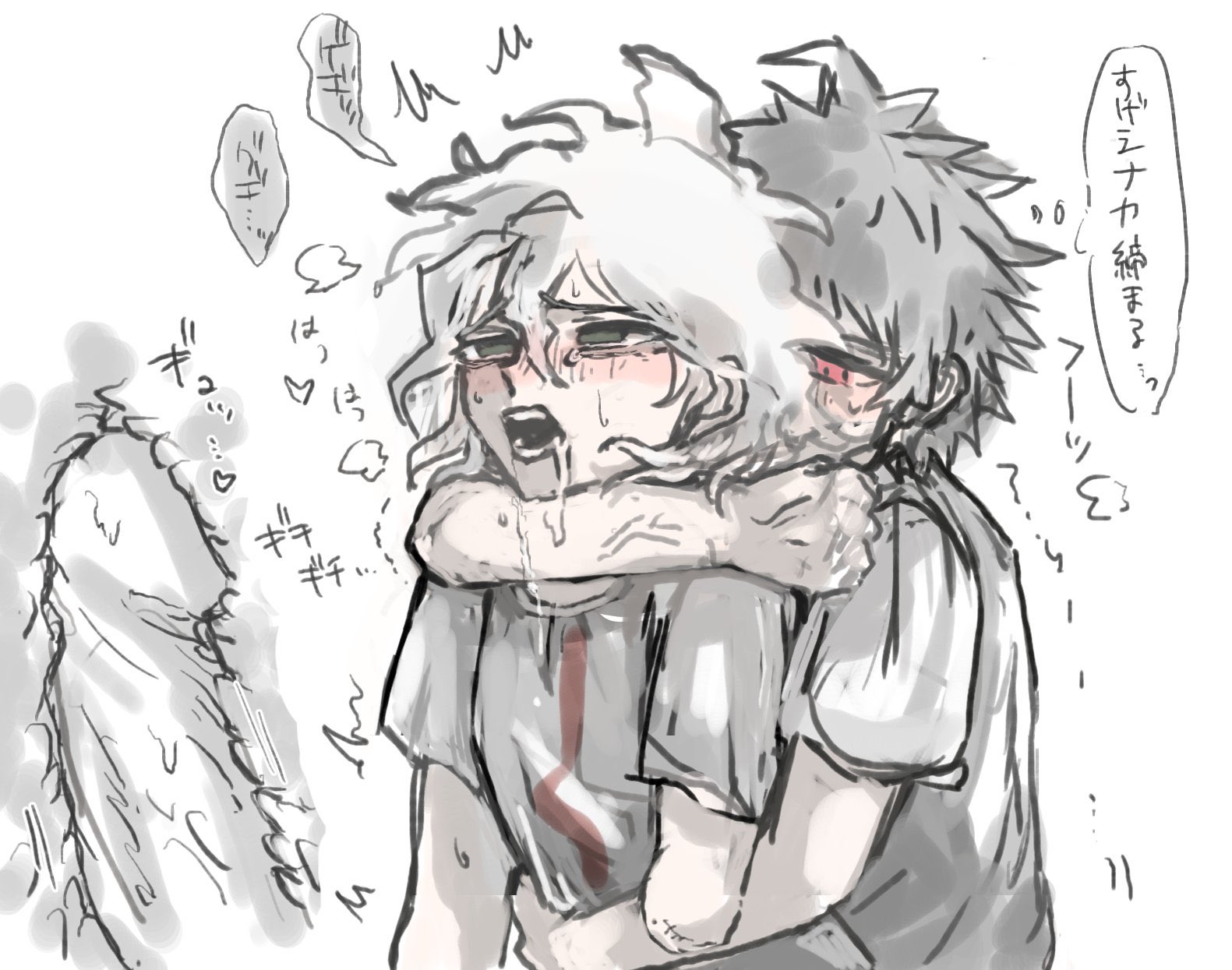 2boys, danganronpa, danganronpa 2: goodbye despair, drooling, from behind, from behind position, gay, grbt dr, hinata hajime, looking pleasured, male, male focus, male only, male penetrating, male/male, nagito komaeda, straight hair, translation request, yaoi