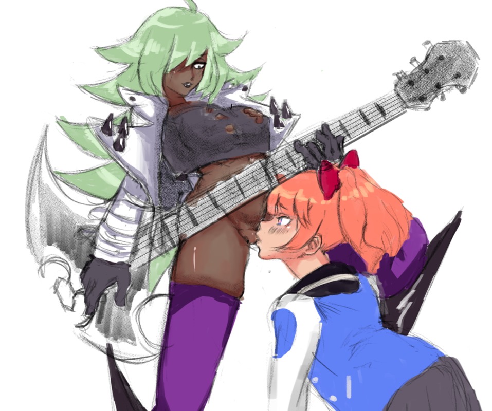 2girls cunnilingus dark-skinned_female dark_skin green_hair guitar hair_over_one_eye human interracial jacket kunio-kun kyoko_(kunio-kun) letterman_jacket multiple_girls noize_(river_city_girls) orange_hair outerwear purple_thighhighs river_city_girls thighhighs unknown_artist varsity_jacket white_background yuri