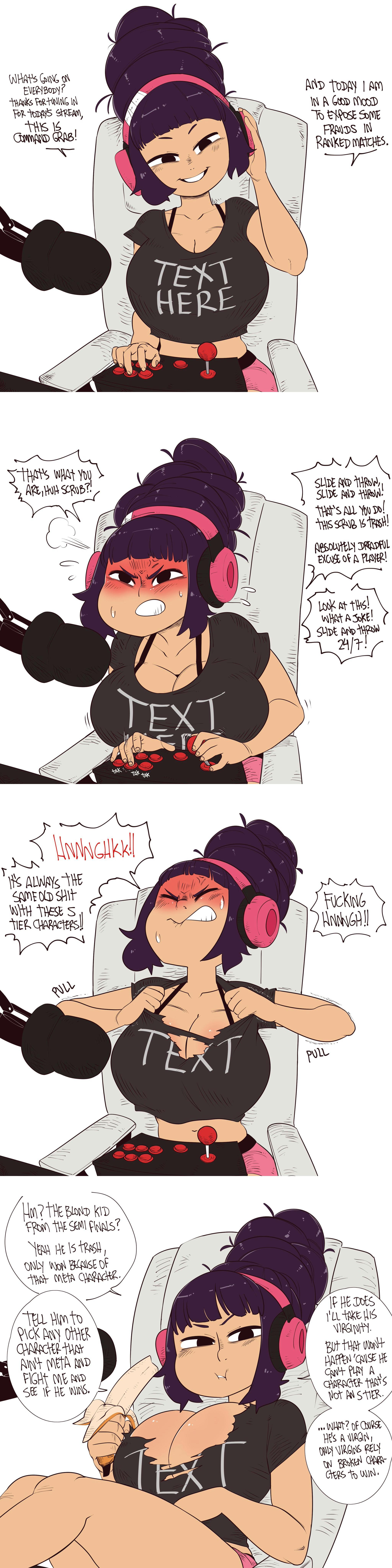 1girls, anger vein, angry, angry face, banana, beehive hairdo, big breasts, black eyes, breasts, comic, command grab, dialogue, edit, english text, female, female only, large breasts, light skin, light-skinned female, nuclearwasabi, purple hair, ripped clothing, solo, solo female, steam, sweat, sweating, sweaty, tagme, text, tied hair, video games