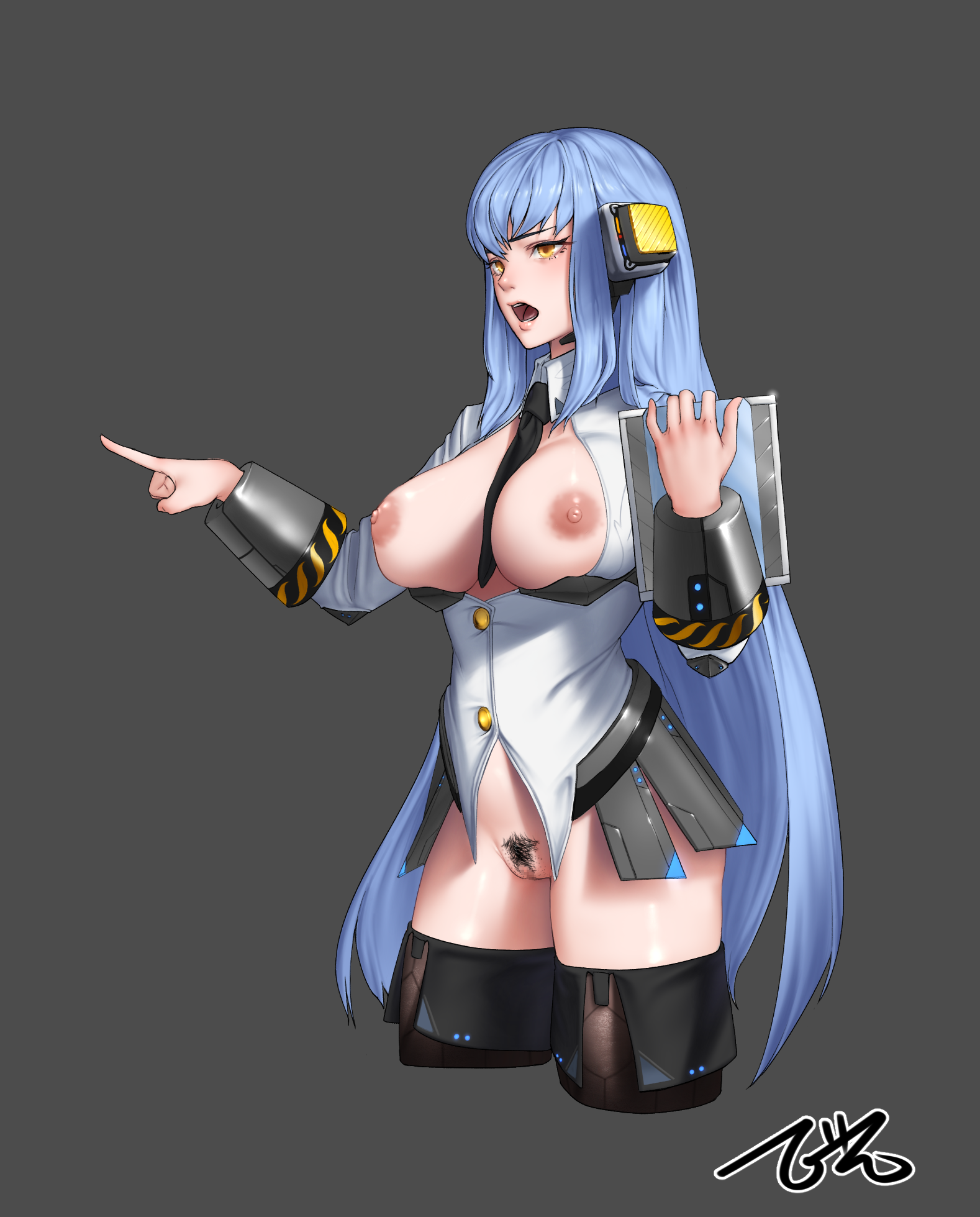 arm up, bangs, beeeeen, between breasts, black legwear, blue hair, bottomless, breasts, breasts out, censored, collared shirt, commentary request, cropped legs, female, female pubic hair, grey background, headset, highres, holding, hraesvelgr (last origin), korean commentary, large breasts, last origin, long hair, looking away, mosaic censoring, necktie, necktie between breasts, nipples, open clothes, open mouth, open shirt, pubic hair, shirt, simple background, solo, thighhighs, very long hair, white shirt, yellow eyes