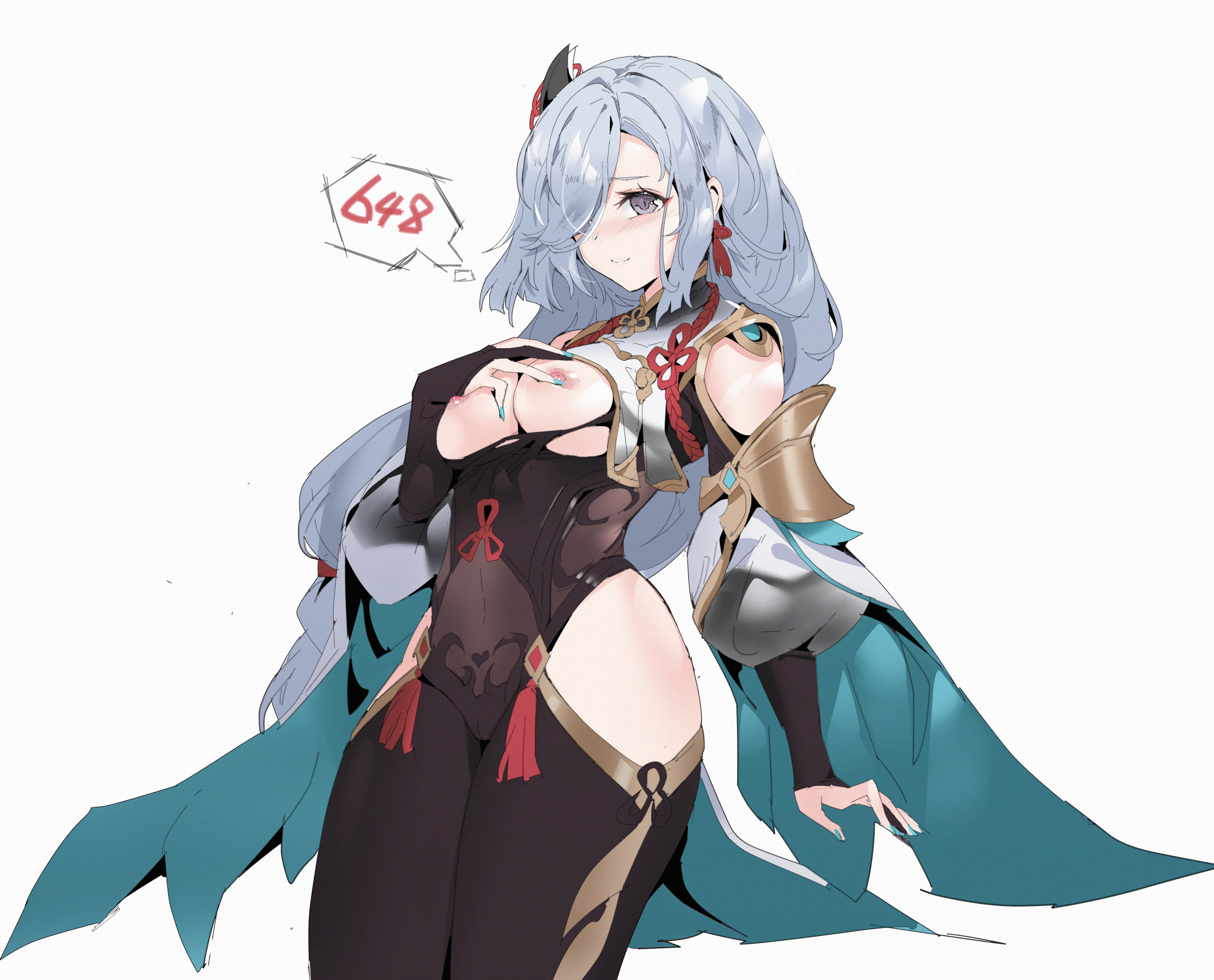 1girls, adeptus, ass, big breasts, blue eyes, blush, breasts, chinese clothes, female, genshin impact, light skin, light-skinned female, nipples, shenhe (genshin impact), silver hair, thick thighs, thighs, zhu fun
