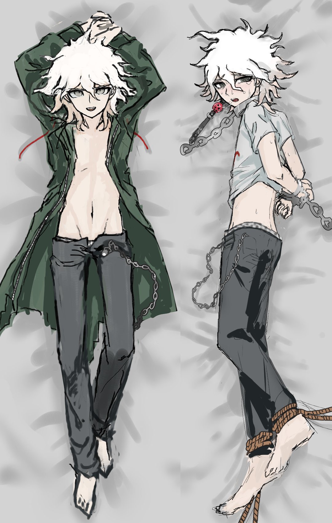 1boy ball_gag body_pillow body_pillow_design bound bound_legs bound_wrists clothed dakimakura danganronpa danganronpa_2:_goodbye_despair gag grbt_dr hands_behind_head looking_at_viewer male male_focus male_only nagito_komaeda on_back on_bed on_side open_clothes open_shirt pale_skin pose restrained solo solo_focus straight_hair tied_up top_view