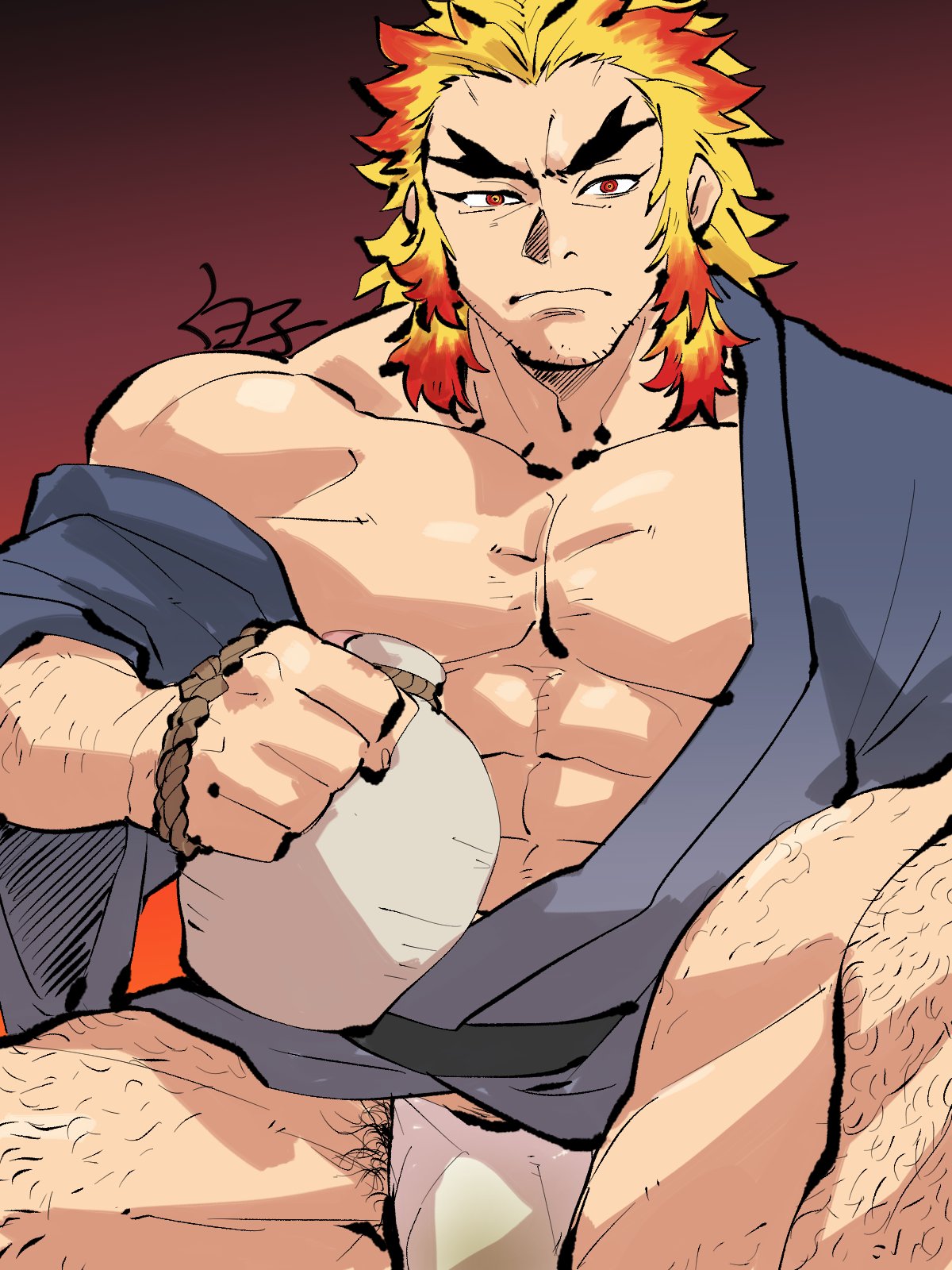 1boy 41raco abs alcohol bara blonde_hair body_hair bulge demon_slayer dilf facial_hair flaccid frown fundoshi kimetsu_no_yaiba kimono kirupi looking_at_viewer male male_only male_pubic_hair muscular muscular_male off_shoulder open_kimono pecs pubic_hair pubic_hair_peek red_eyes rengoku_shinjurou sake solo spread_legs stubble thick_eyebrows two_tone_hair