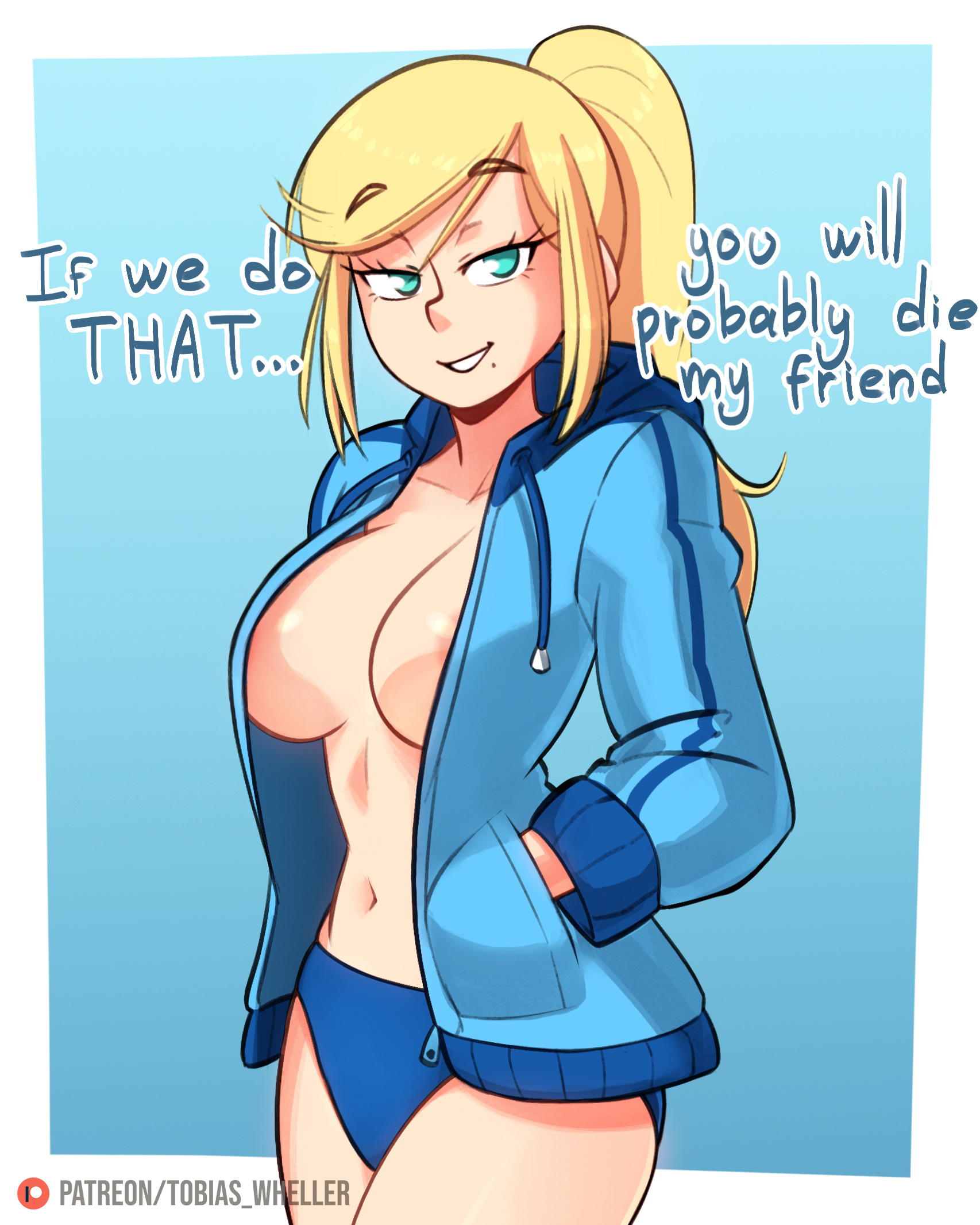 1girls, areola slip, beauty mark, bedroom eyes, belly button, blonde hair, blue hoodie, breasts, female, hoodie, jacket, looking at viewer, metroid, nintendo, open clothes, open jacket, panties, ponytail, samus aran, seductive, seductive look, seductive smile, sideboob, solo, solo female, sweatshirt, text, tobias wheller, turquoise eyes, yellow hair