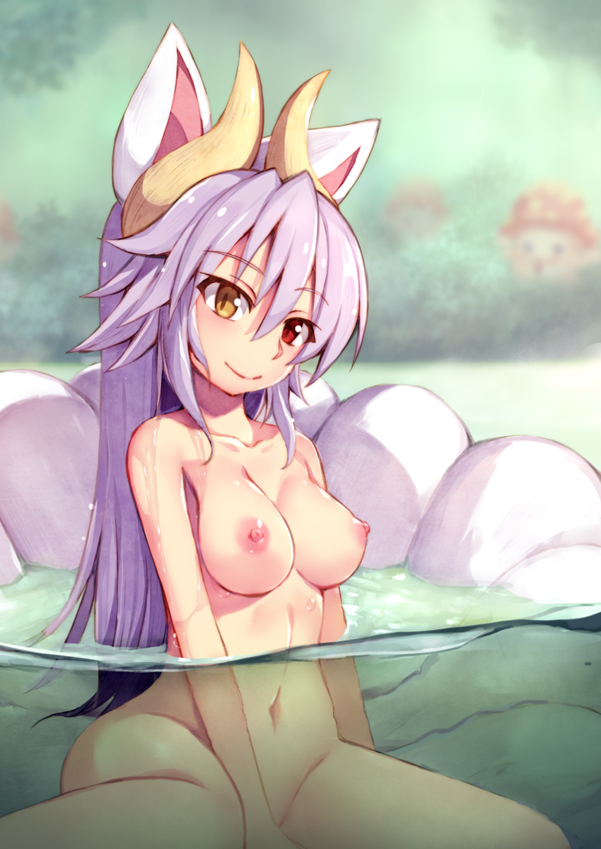 animal_ears blurry blurry_background breasts closed_mouth collarbone completely_nude female forest fox_ears fox_tail heterochromia highres horns kuon_(shinrabanshou) kyuubi long_hair looking_at_viewer medium_breasts multiple_tails nature navel nude partially_underwater_shot purple_hair saru_000 shinrabanshou smile solo tail underwater water