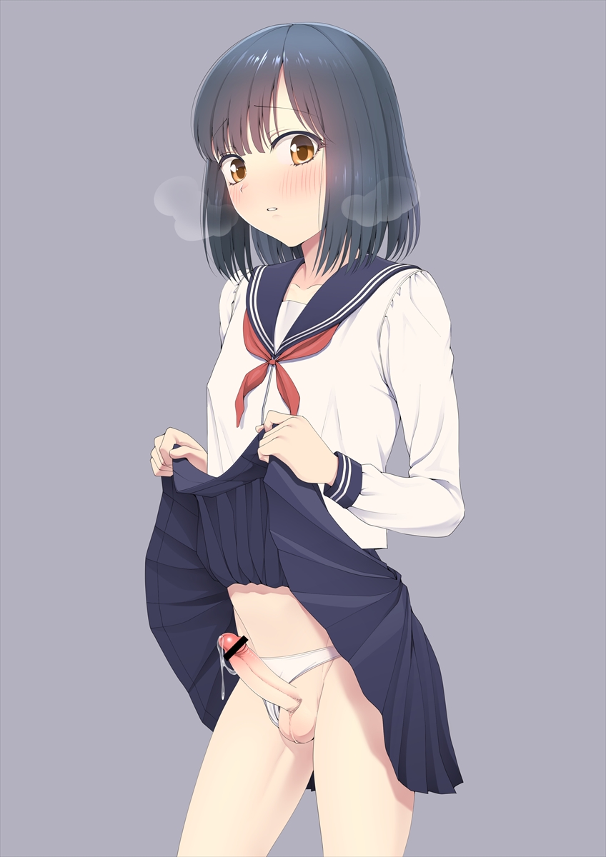 1boy bangs bar_censor black_hair blue_sailor_collar blue_skirt blush brown_eyes censored clothes_lift clothing_aside collarbone commentary_request crossdressing erection femboy highres hokuro_ryuuseigun lifted_by_self long_sleeves looking_at_viewer male_focus neckerchief original otoko_no_ko panties panties_aside penis pleated_skirt precum precum_string red_neckerchief sailor_collar school_uniform serafuku shirt short_hair simple_background skirt skirt_lift solo testicles trap underwear white_panties white_shirt