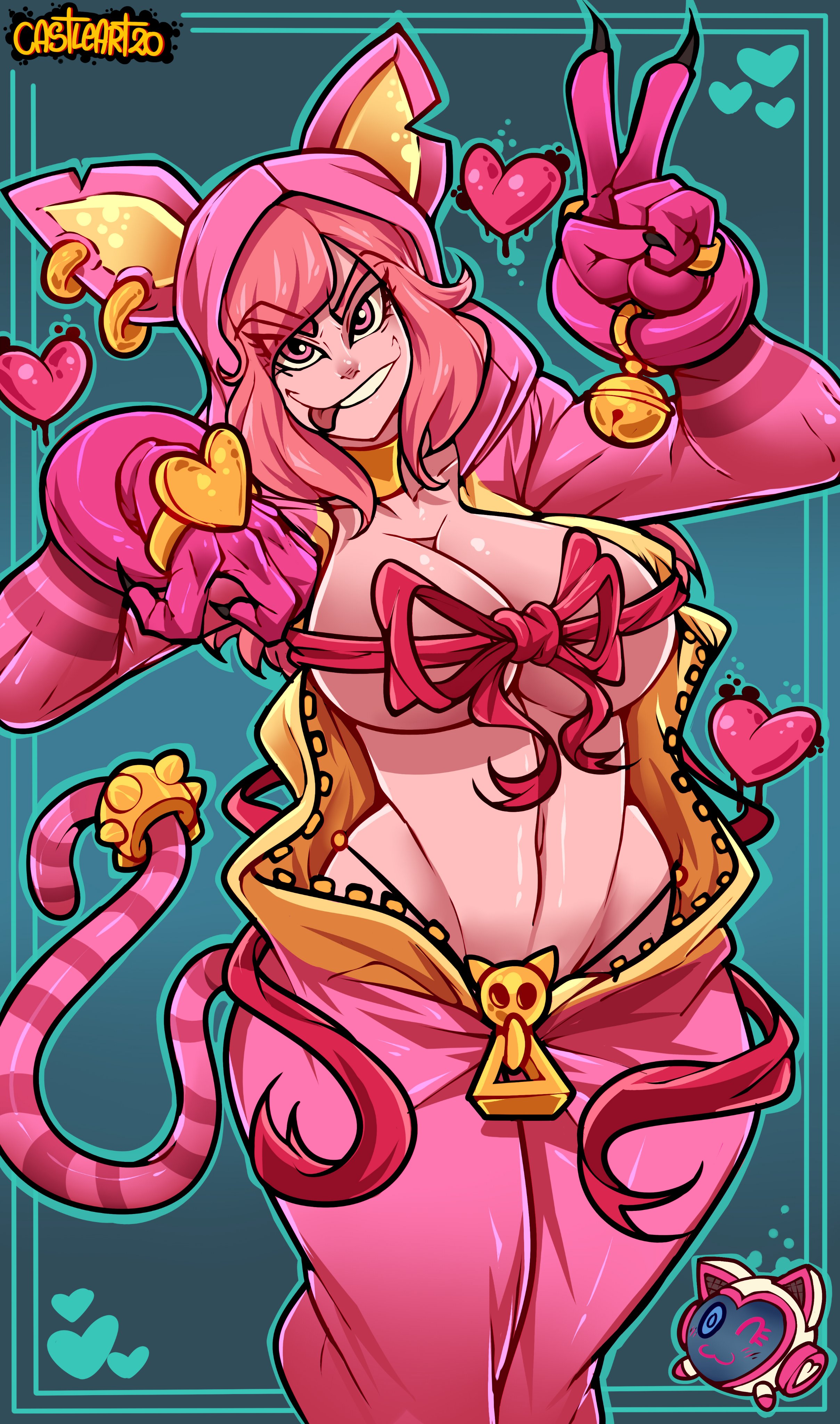big breasts, breasts, castleart, clothing, female, female only, miss heed (villainous), pink body, pink hair, smile, solo, tagme, tape, villainous