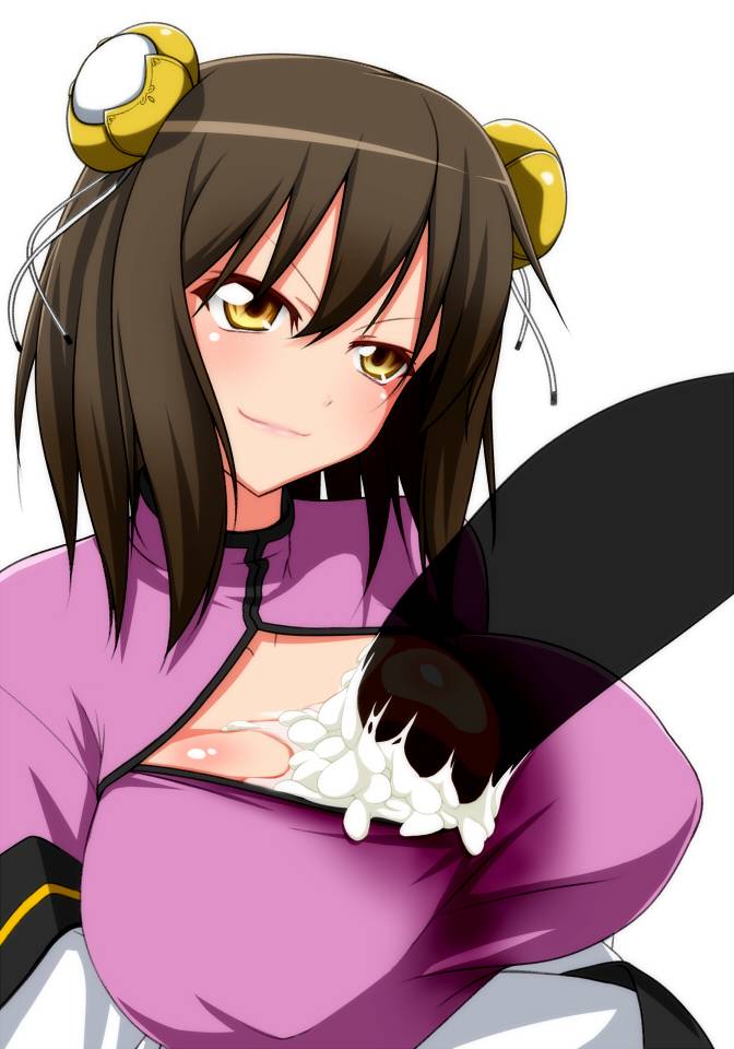 1boy 1girls artist_request big_breasts boobjob breasts brown_hair cleavage cleavage_cutout cum_on_breasts disembodied_penis female female_focus gakusen_toshi_asterisk huge_breasts li_shenhua paizuri purple_clothing see-through_penis titjob yellow_eyes