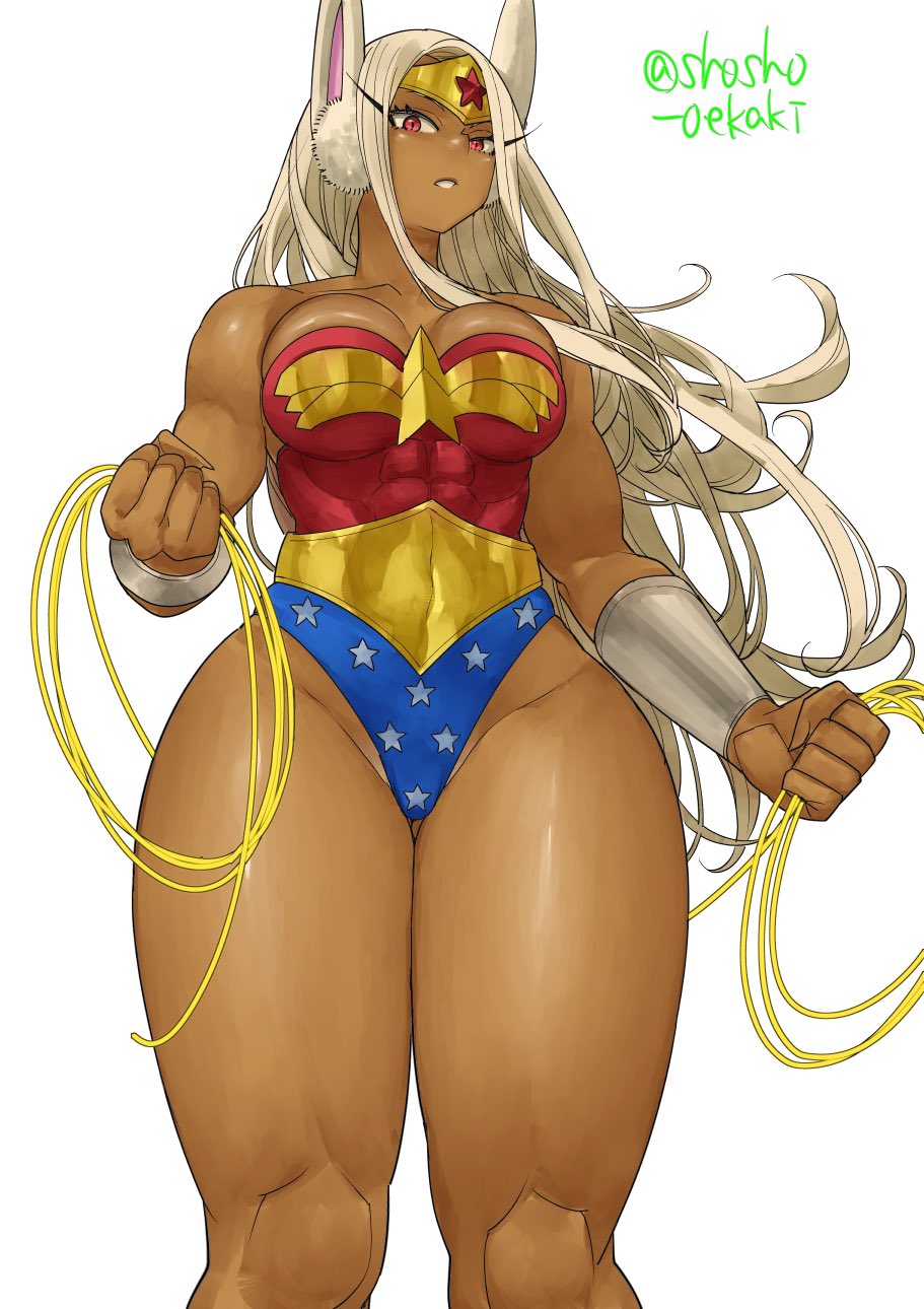 1girls, big breasts, breasts, bunny ears, cleavage, cosplay, crossover cosplay, dark skin, dark-skinned female, dc, dc comics, female, female only, fully clothed, hourglass figure, long hair, looking at viewer, low-angle view, mature female, miruko, my hero academia, rumi usagiyama, shosho oekaki, solo, superheroine, tagme, thick thighs, white hair, wonder woman (cosplay), wonder woman (series)
