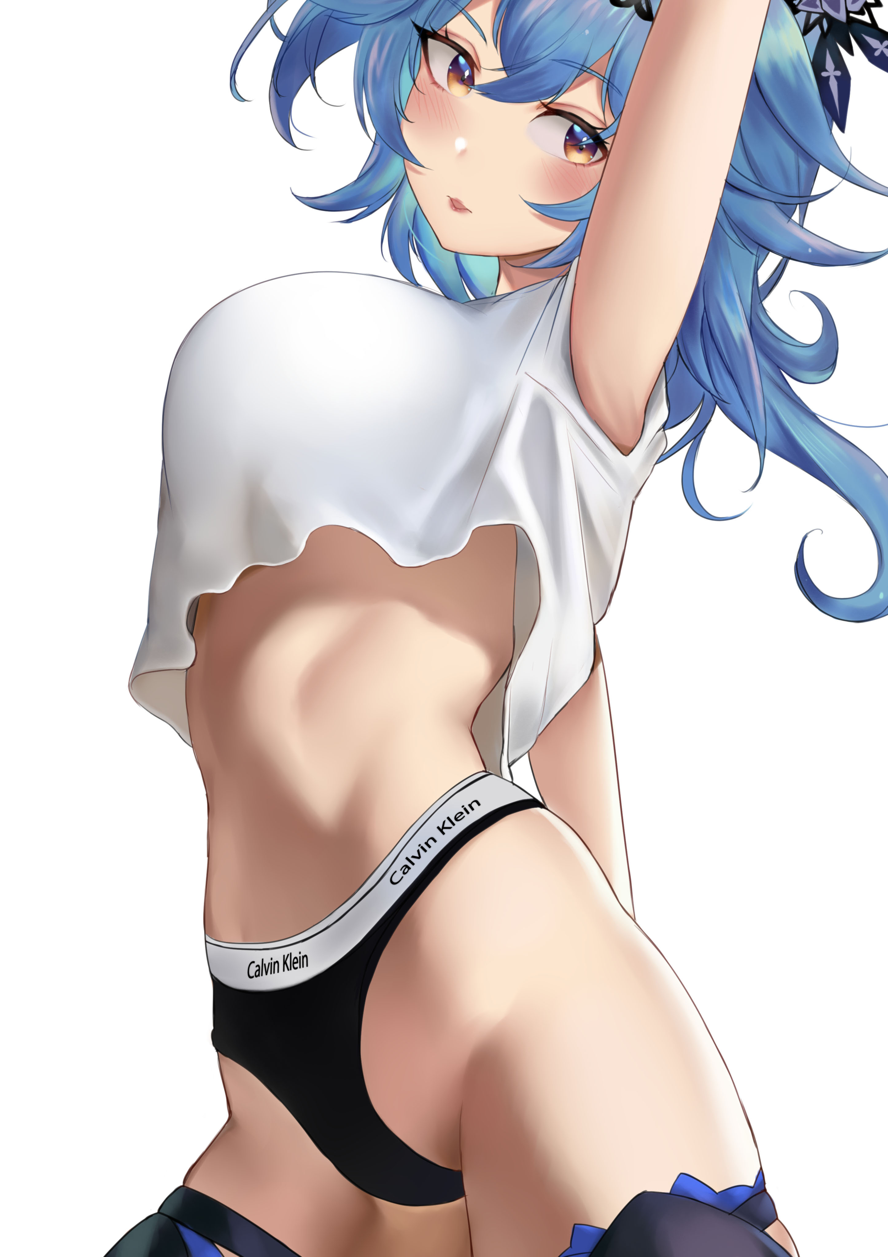 1girls, absurdres, arm up, black panties, blue hair, breasts, calvin klein, cowboy shot, crop top, crop top overhang, eula (genshin impact), female, genshin impact, hair ribbon, highres, large breasts, long hair, looking at viewer, miyayosh, no pants, orange eyes, panties, parted lips, ribbon, shirt, short sleeves, simple background, solo, standing, thighhighs, thighs, underwear, white background, white shirt