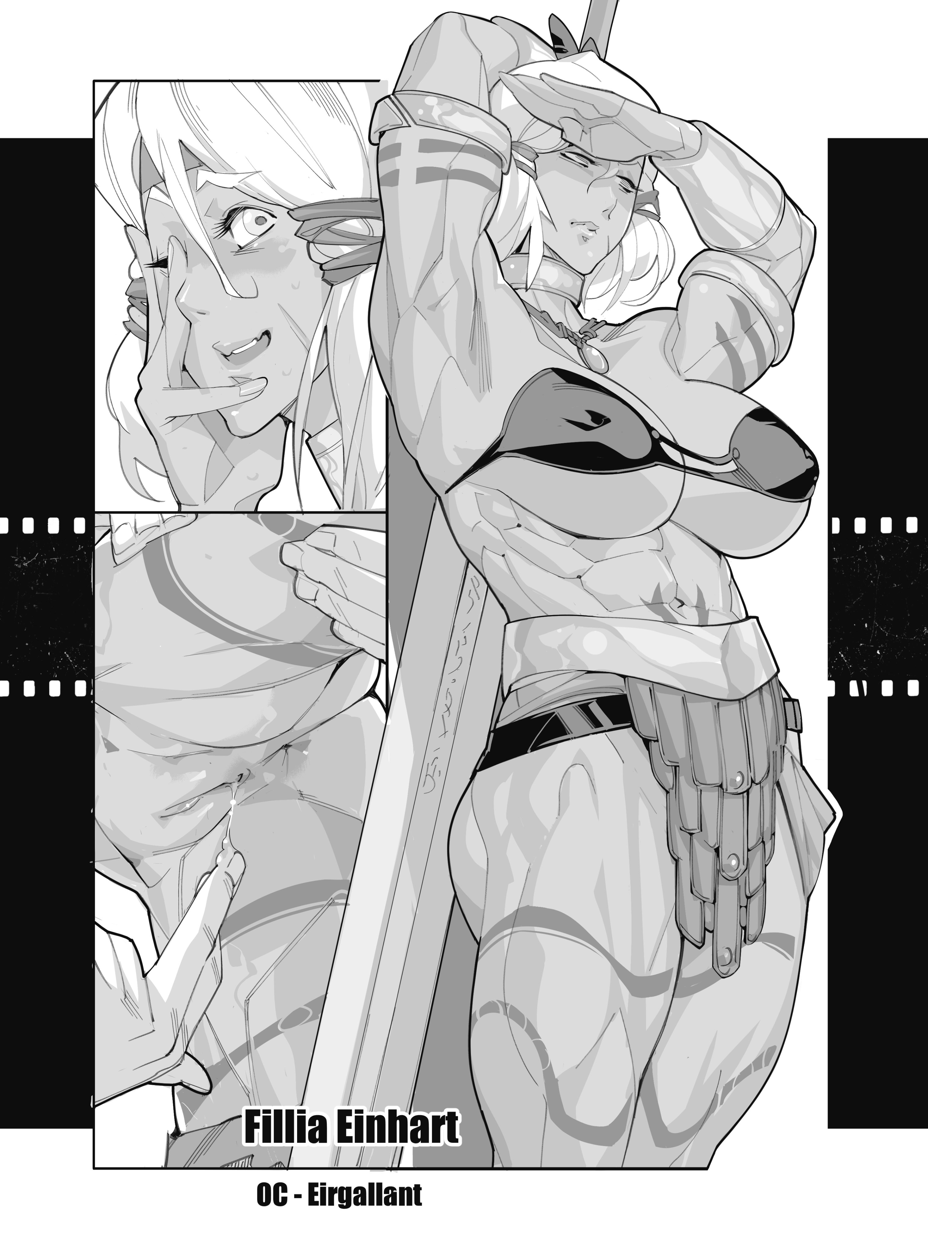 1girls, abs, absurd res, amazon, armband, ass, asshole, biceps, big breasts, bra, bracelet, breasts, burustandin, dark skin, dark-skinned female, elf, elf ears, female, fillia einhart, fingering, fingers, greyscale, hi res, large breasts, monochrome, muscular, muscular female, necklace, original, original character, pointy ears, pussy, pussy juice, pussy juice drip, scar, standing, sword, tattoo, tattoos, thick thighs, tribal, tribal tattoo